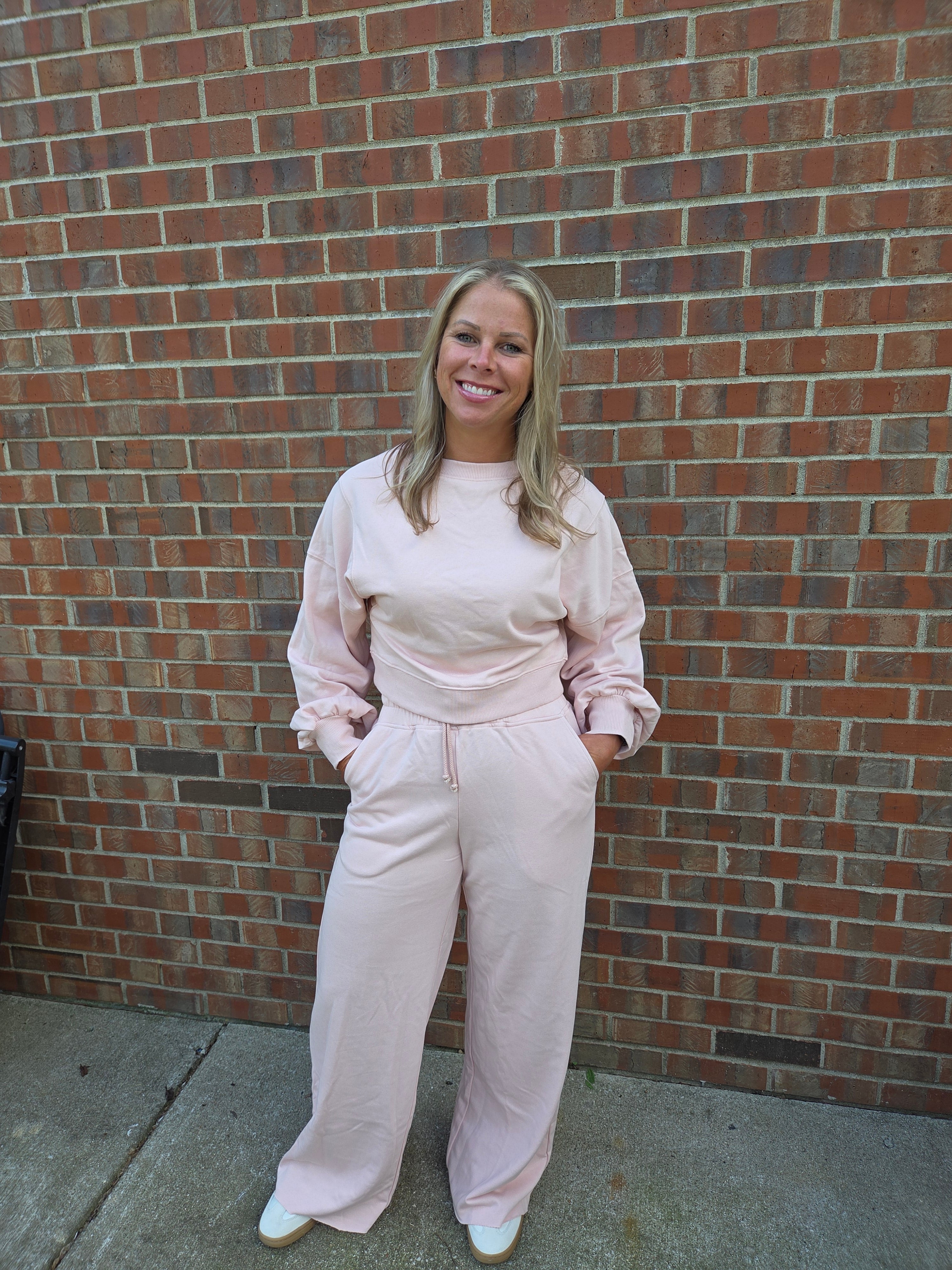 Puff Sleeve Pullover & Wide Leg Pant Set- Pink