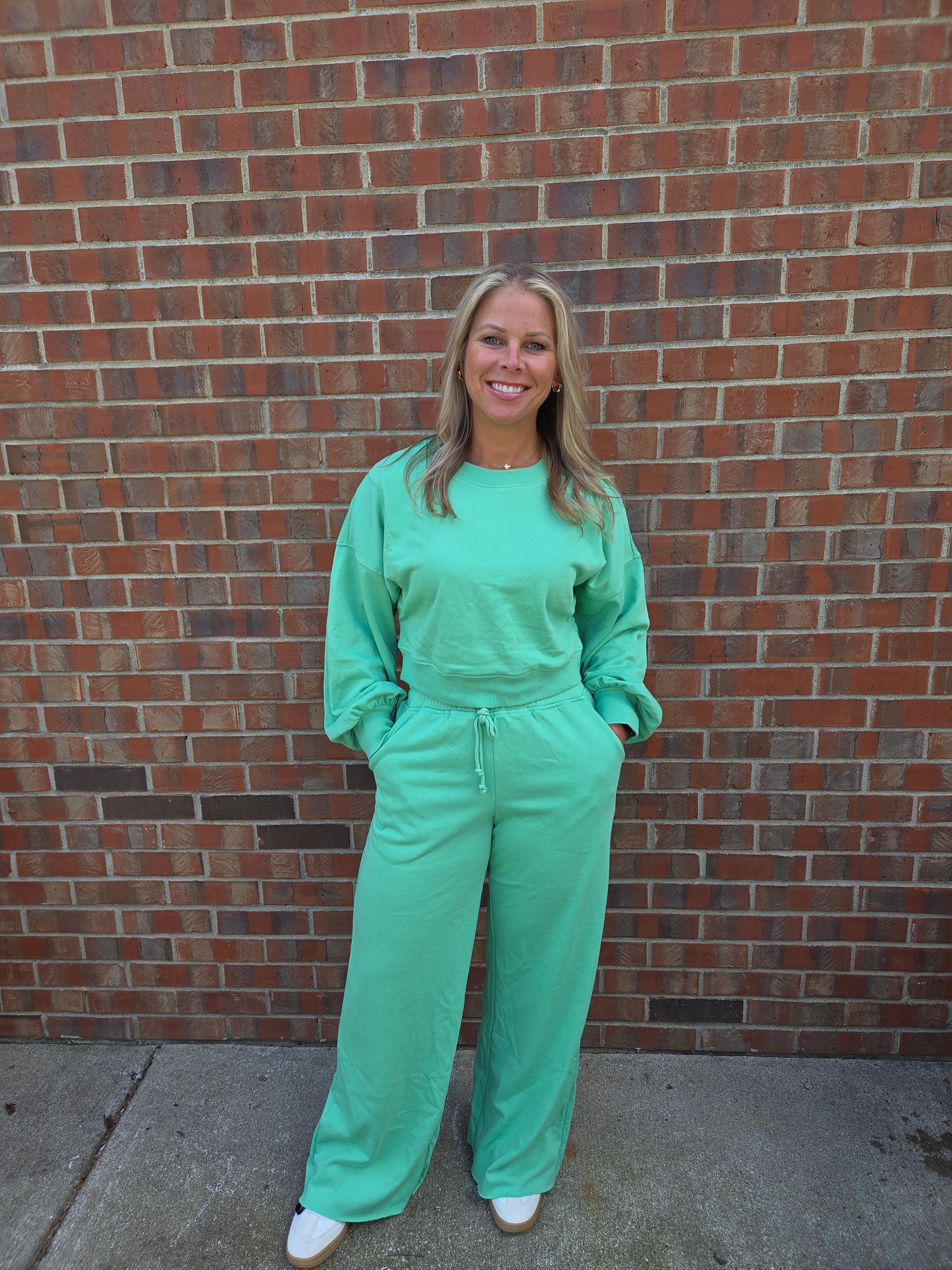 Puff Sleeve Pullover and Wide Leg Pant Set- Green