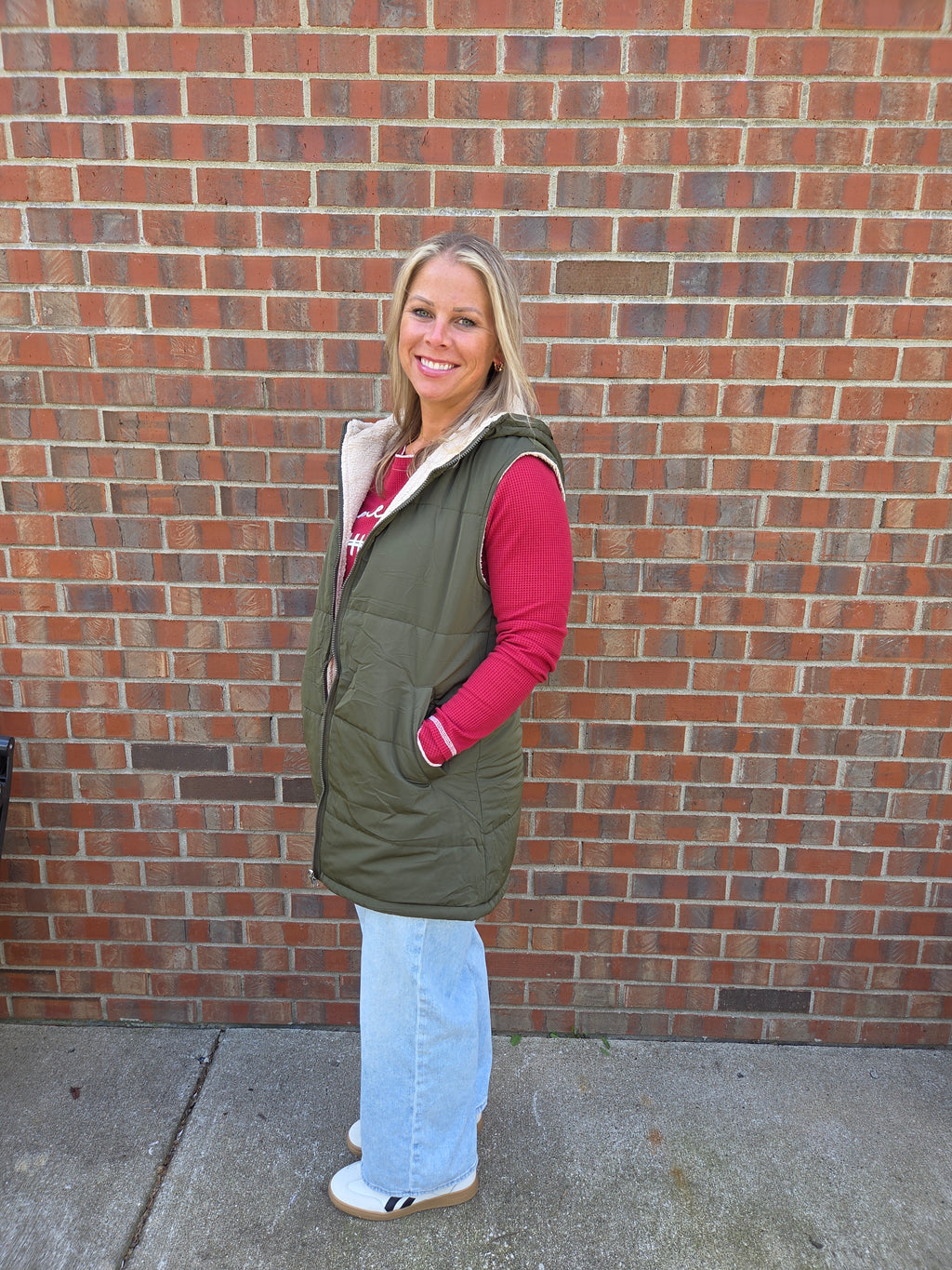 Hooded Zipper Front Vest-Olive