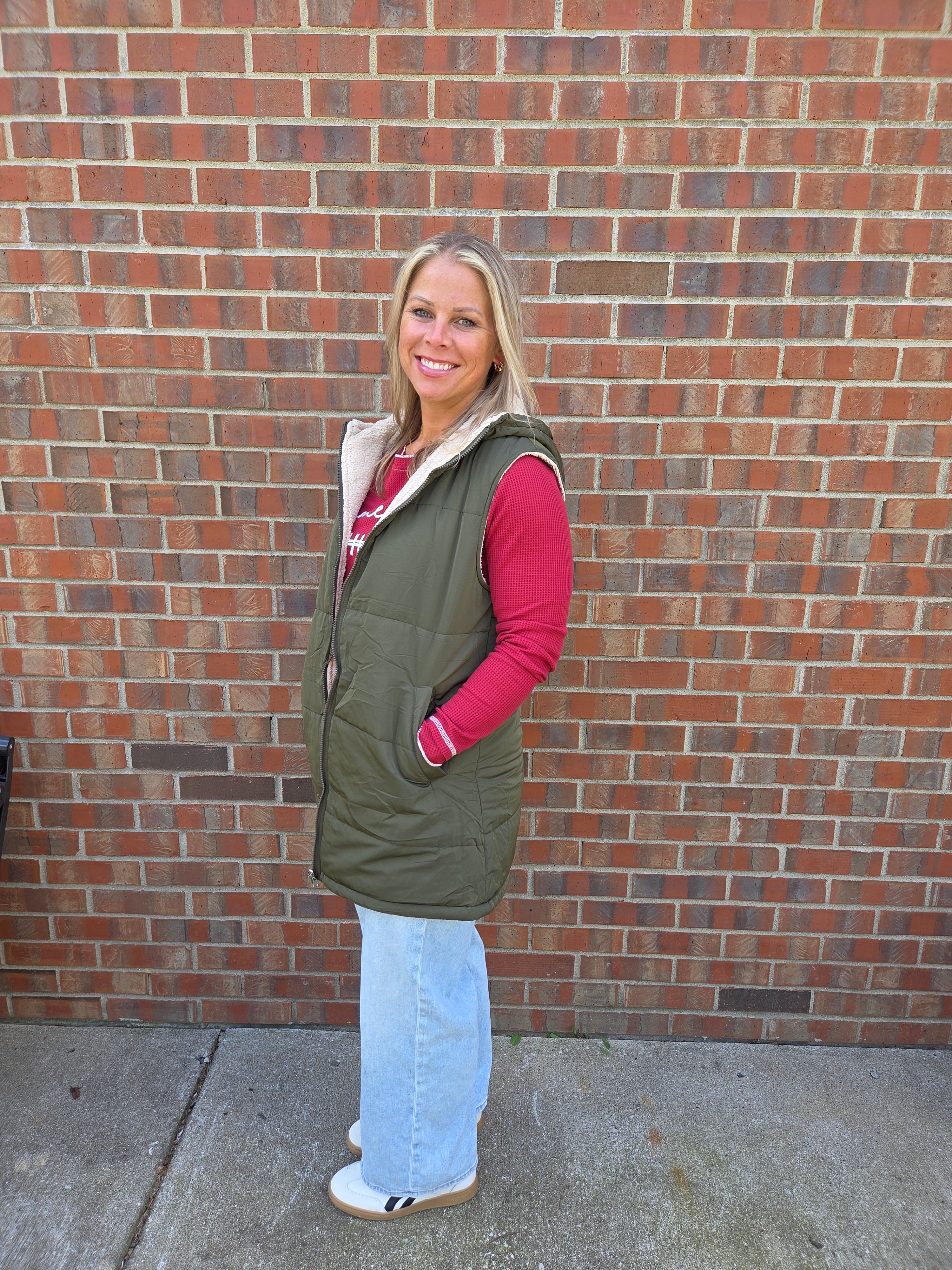 Hooded Zipper Front Vest-Olive