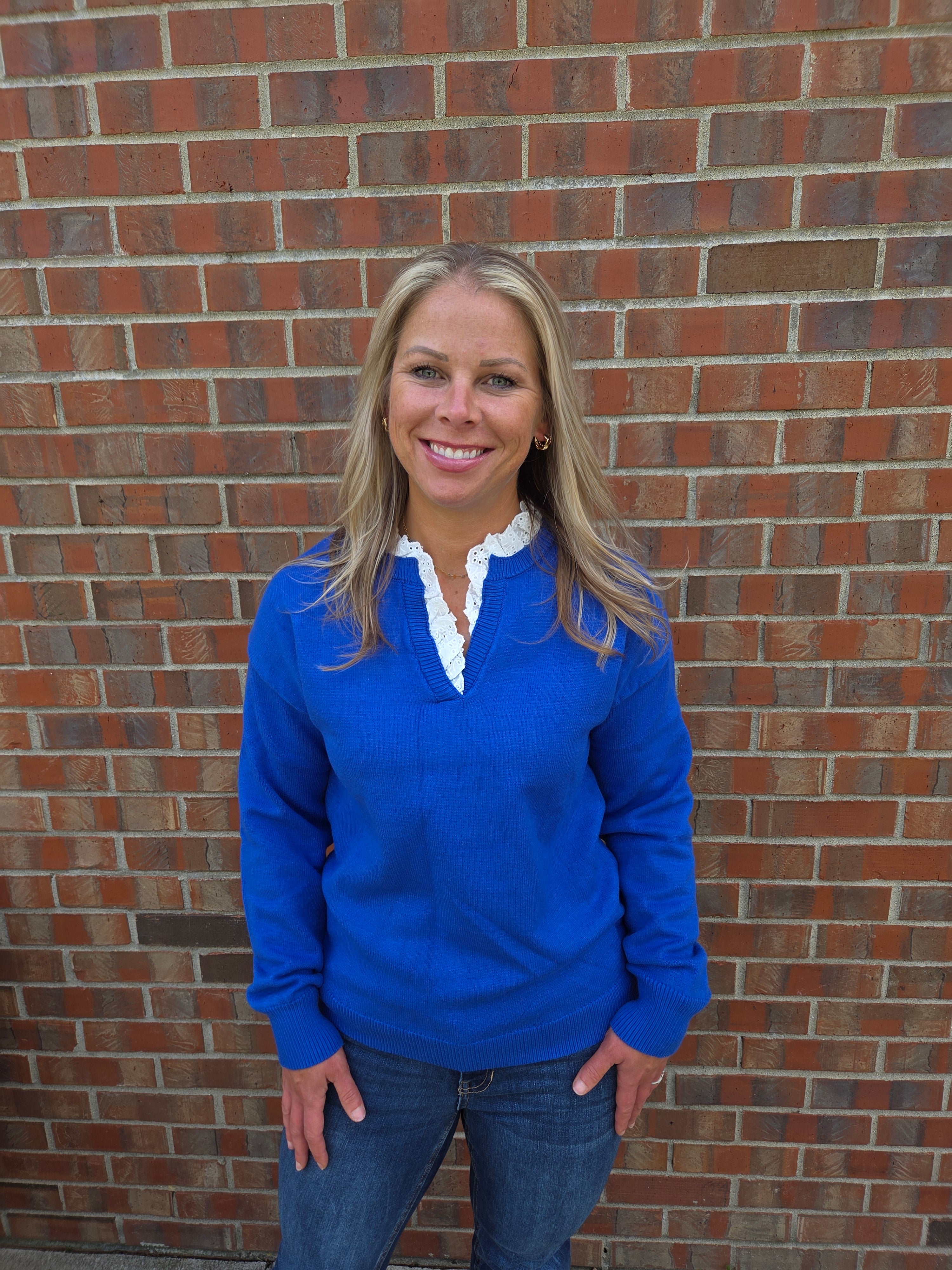 Blue Lace V Neck Sweater