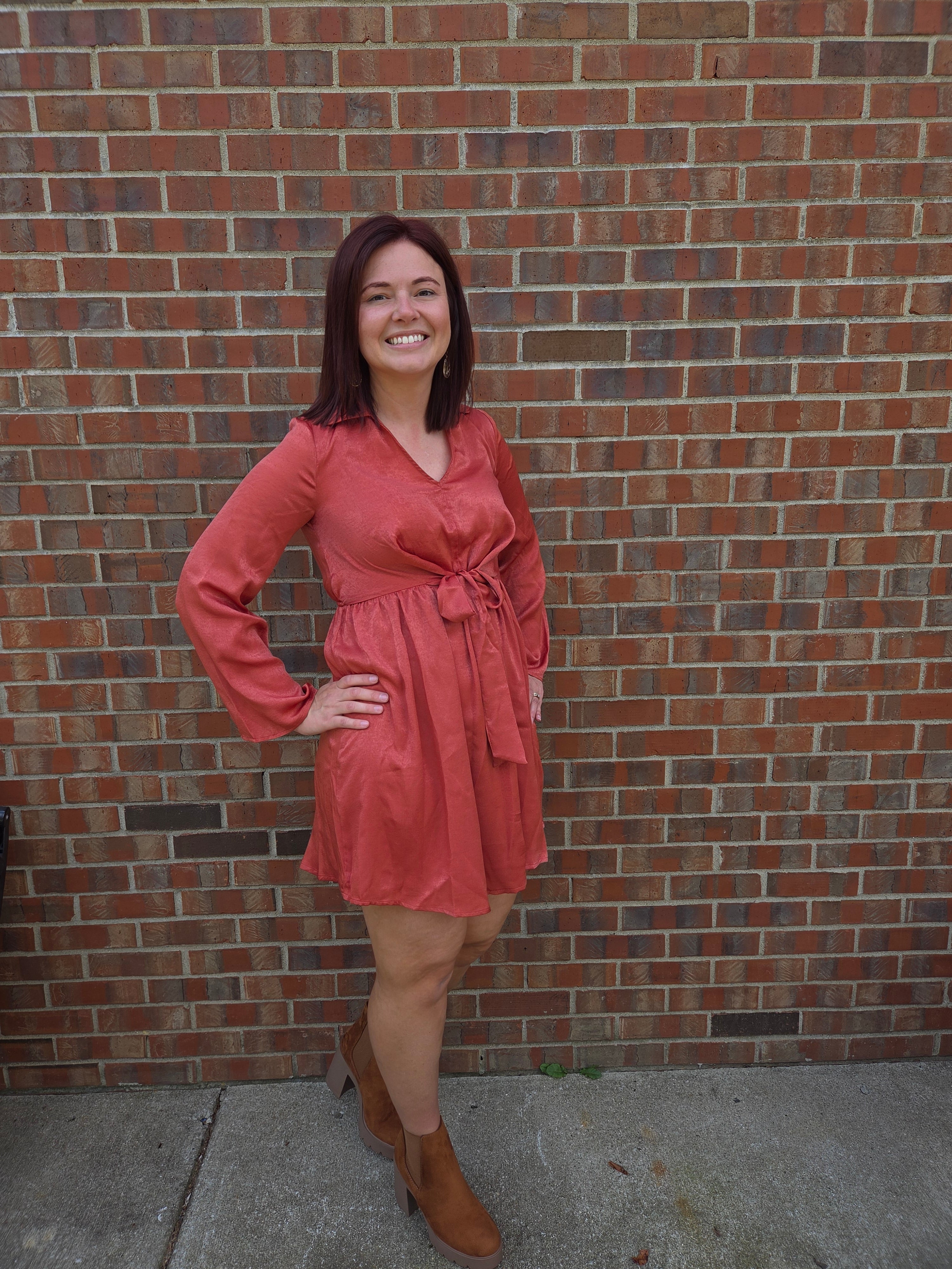 Long Sleeve Midi Dress - Rust