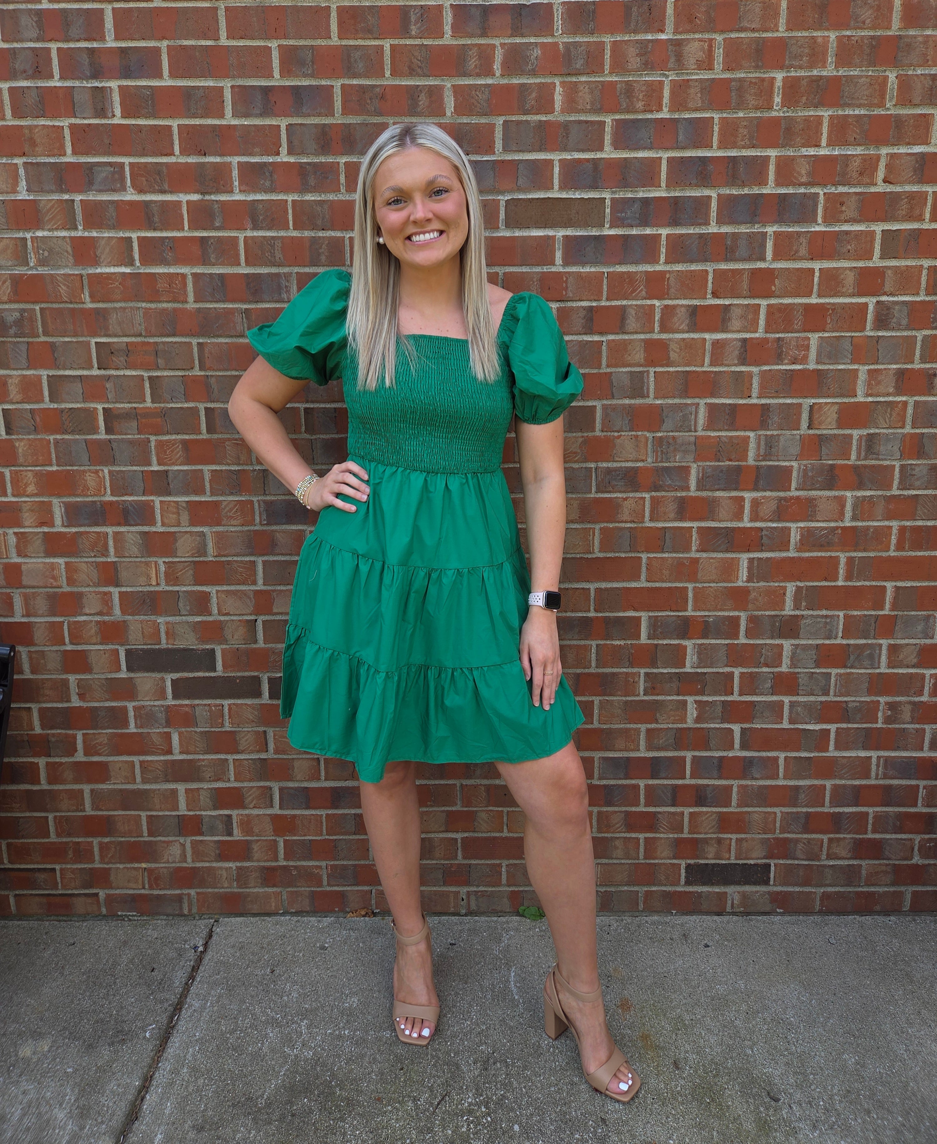Green Square Neck Balloon Sleeve Dress