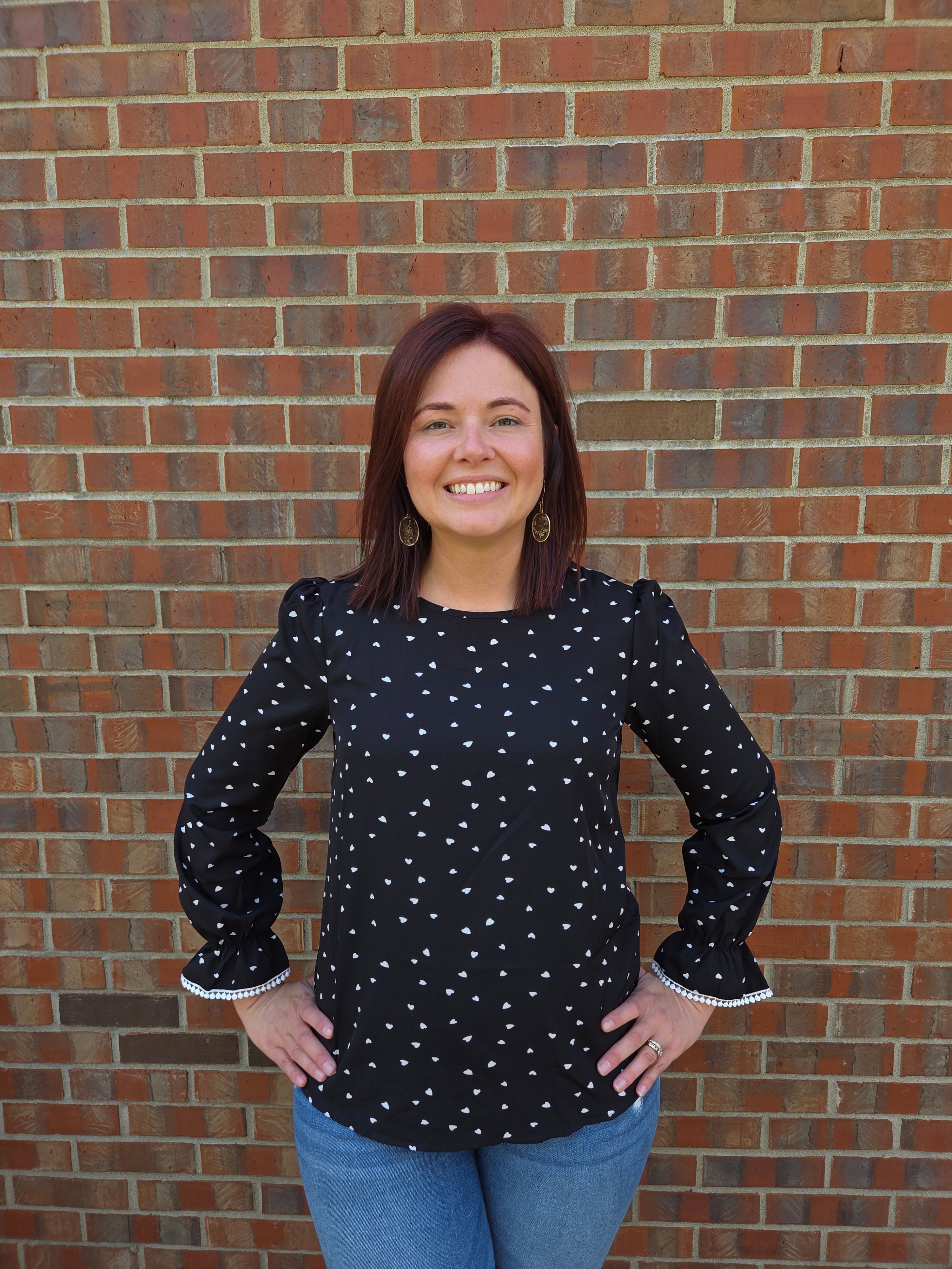 Heart Print Lace Sleeve Blouse - Black