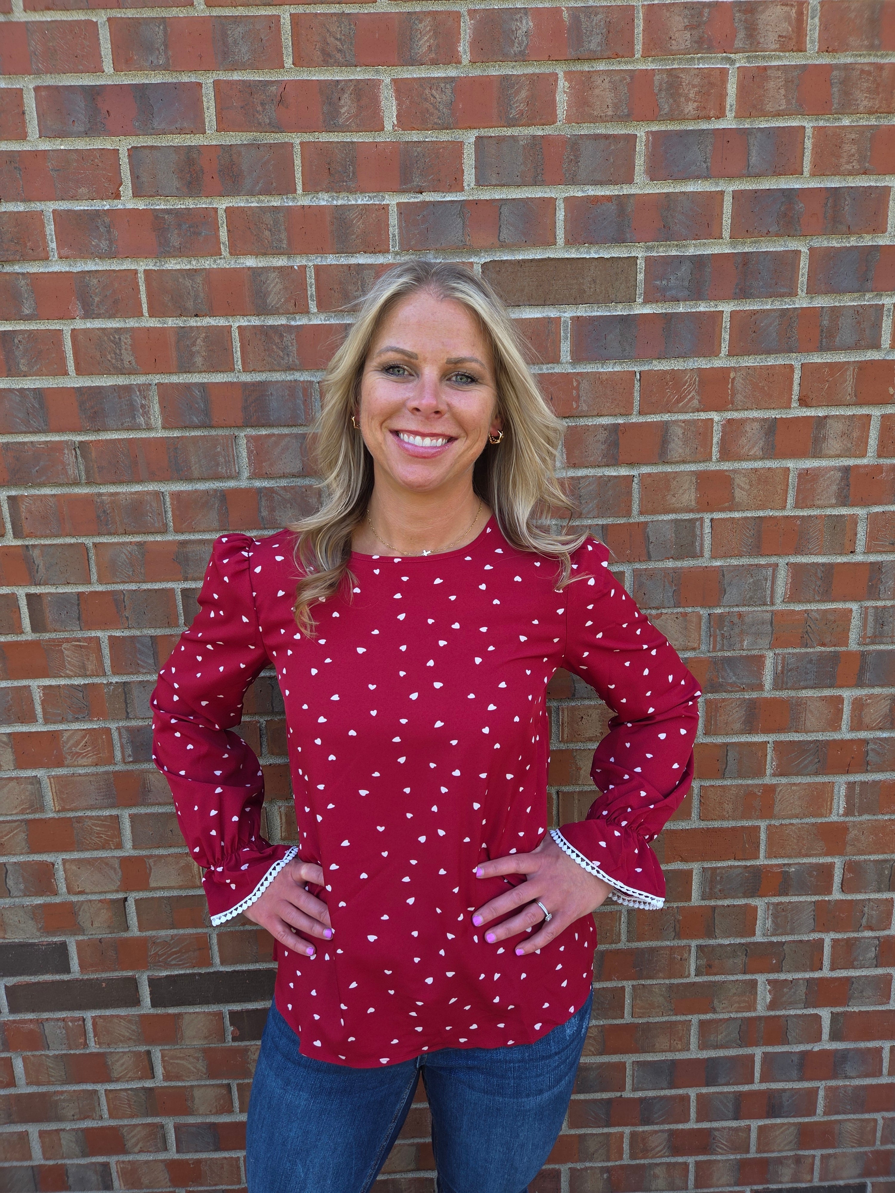 Heart Print Lace Sleeve Blouse - Wine