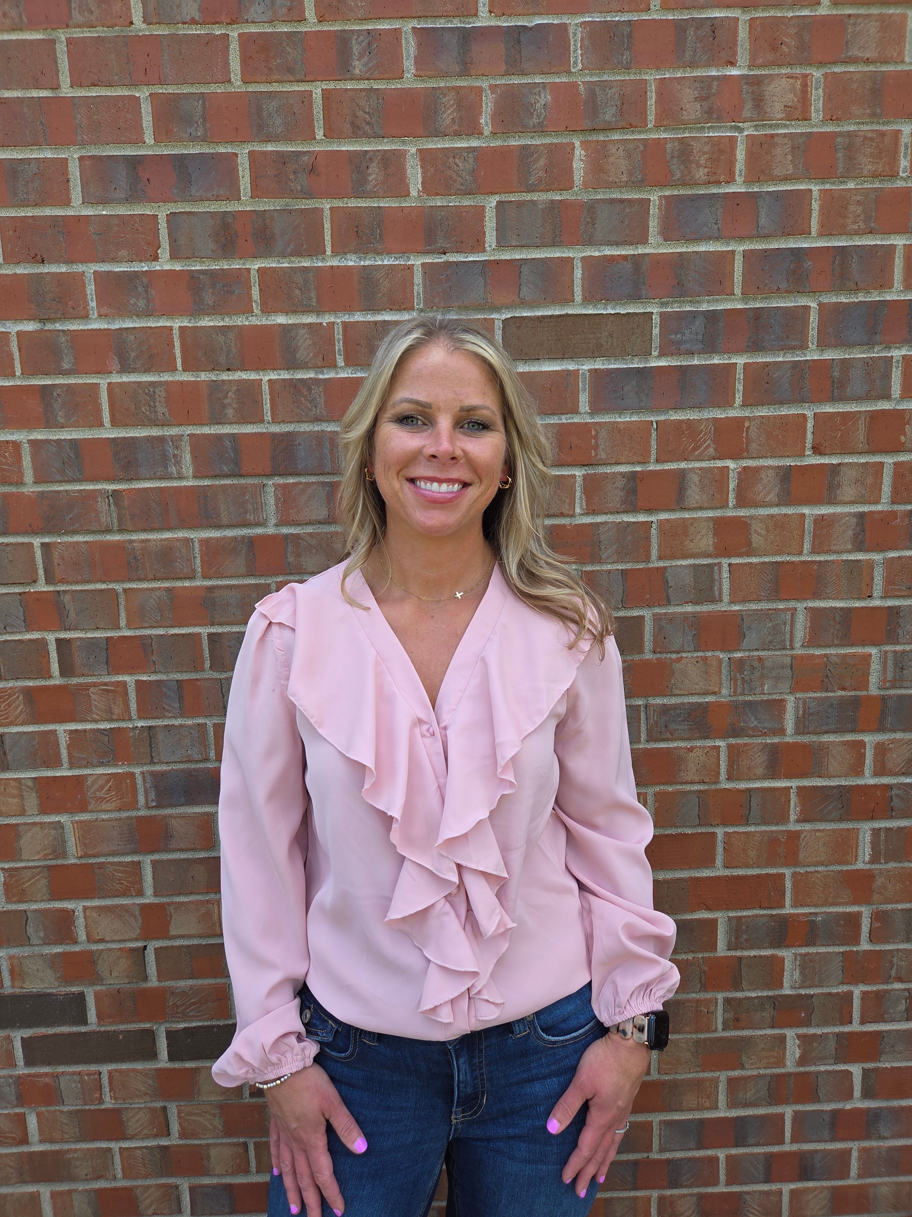 Pink Ruffle V Neck Top