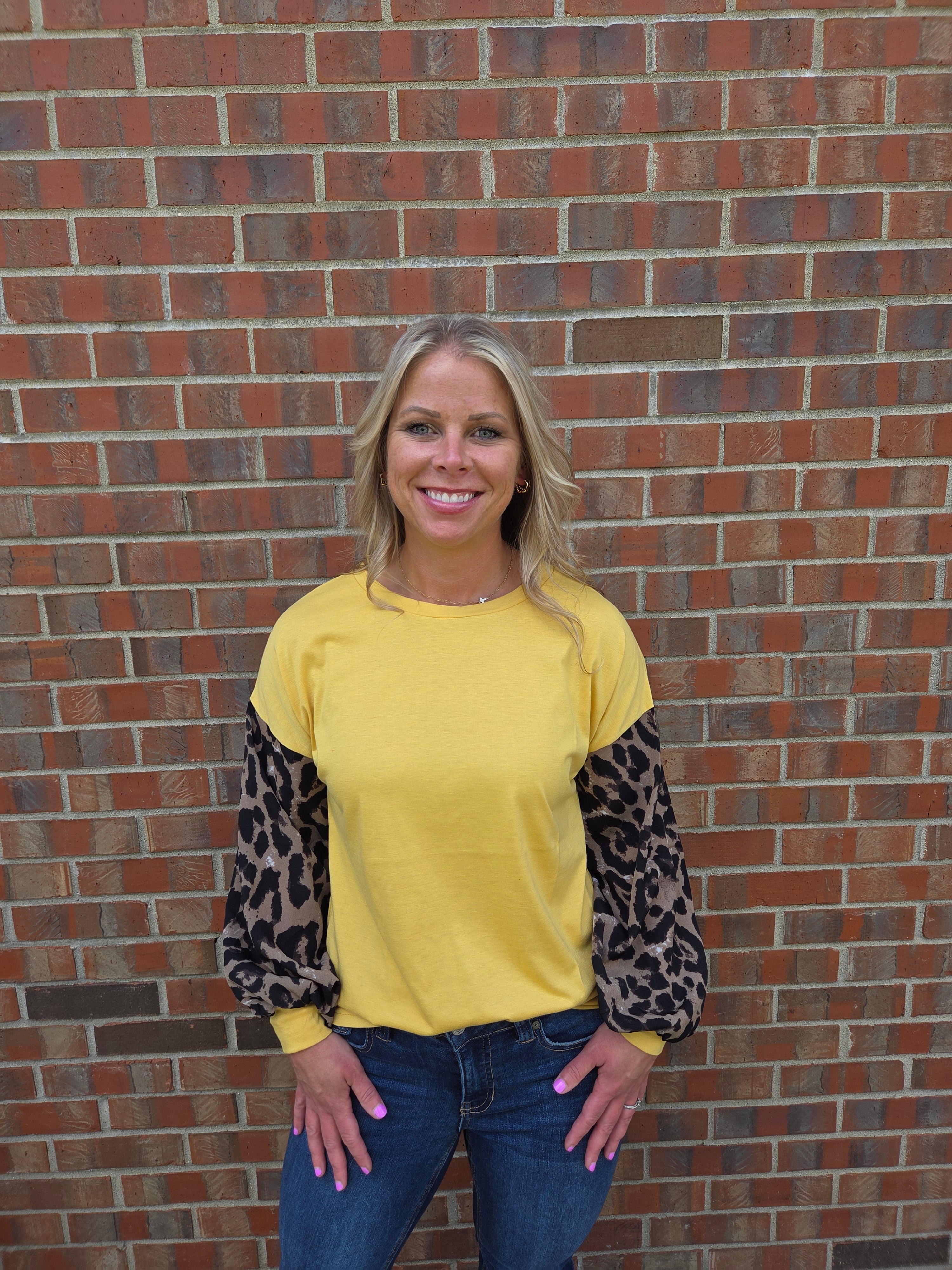 Leopard Puff Sleeve Yellow Top