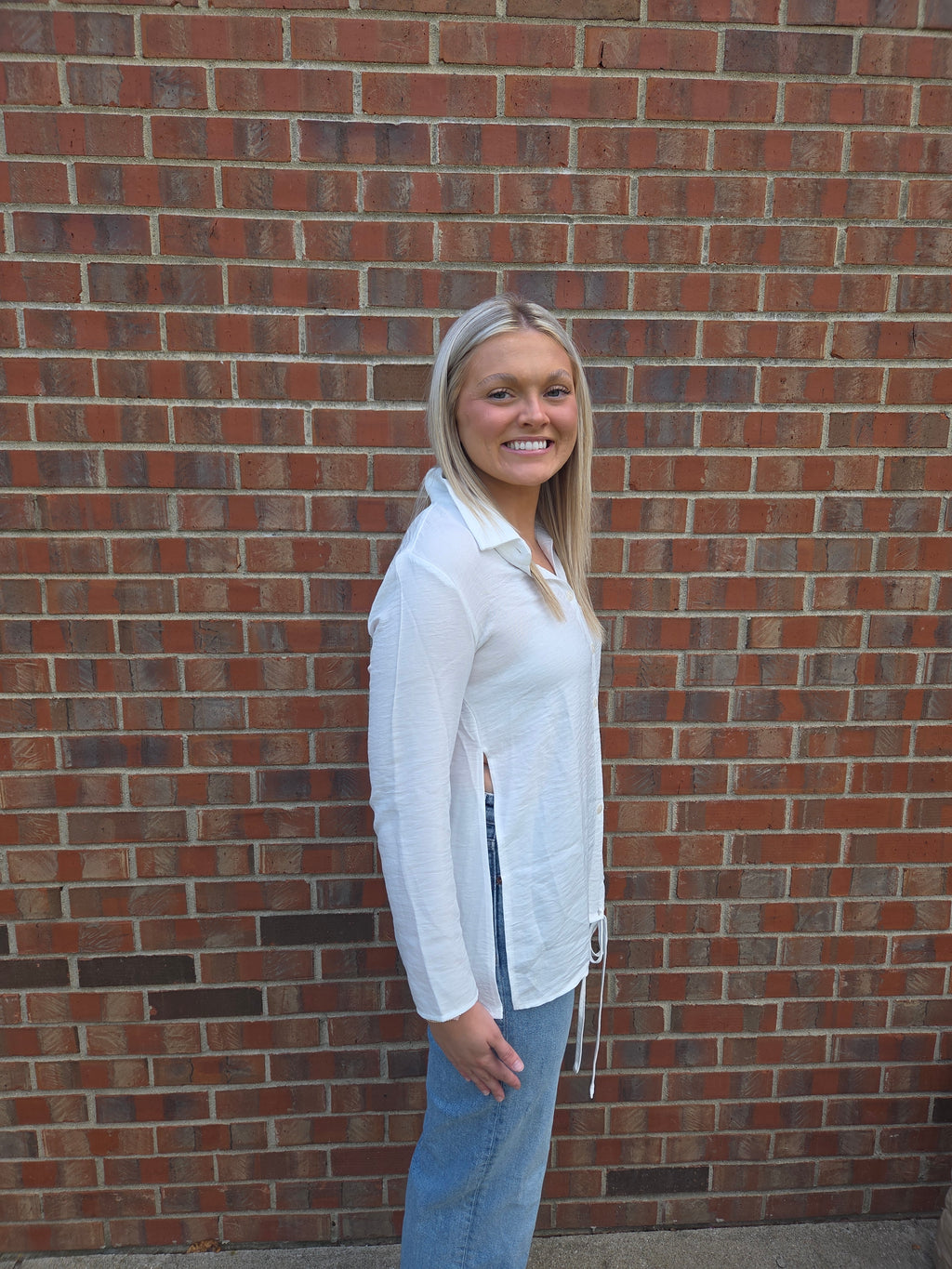 White Long Sleeve Blouse with Split Sides