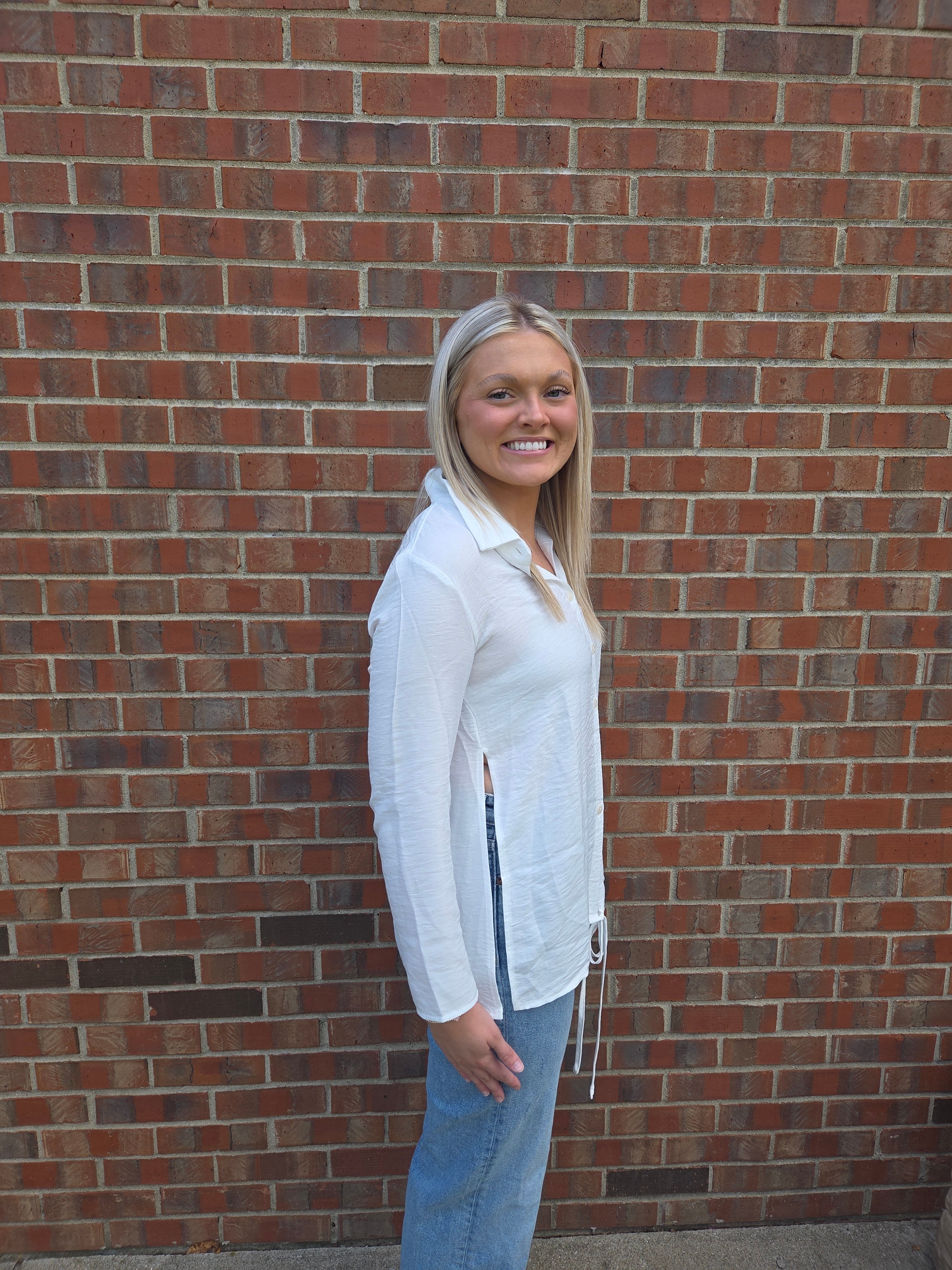 White Long Sleeve Blouse with Split Sides