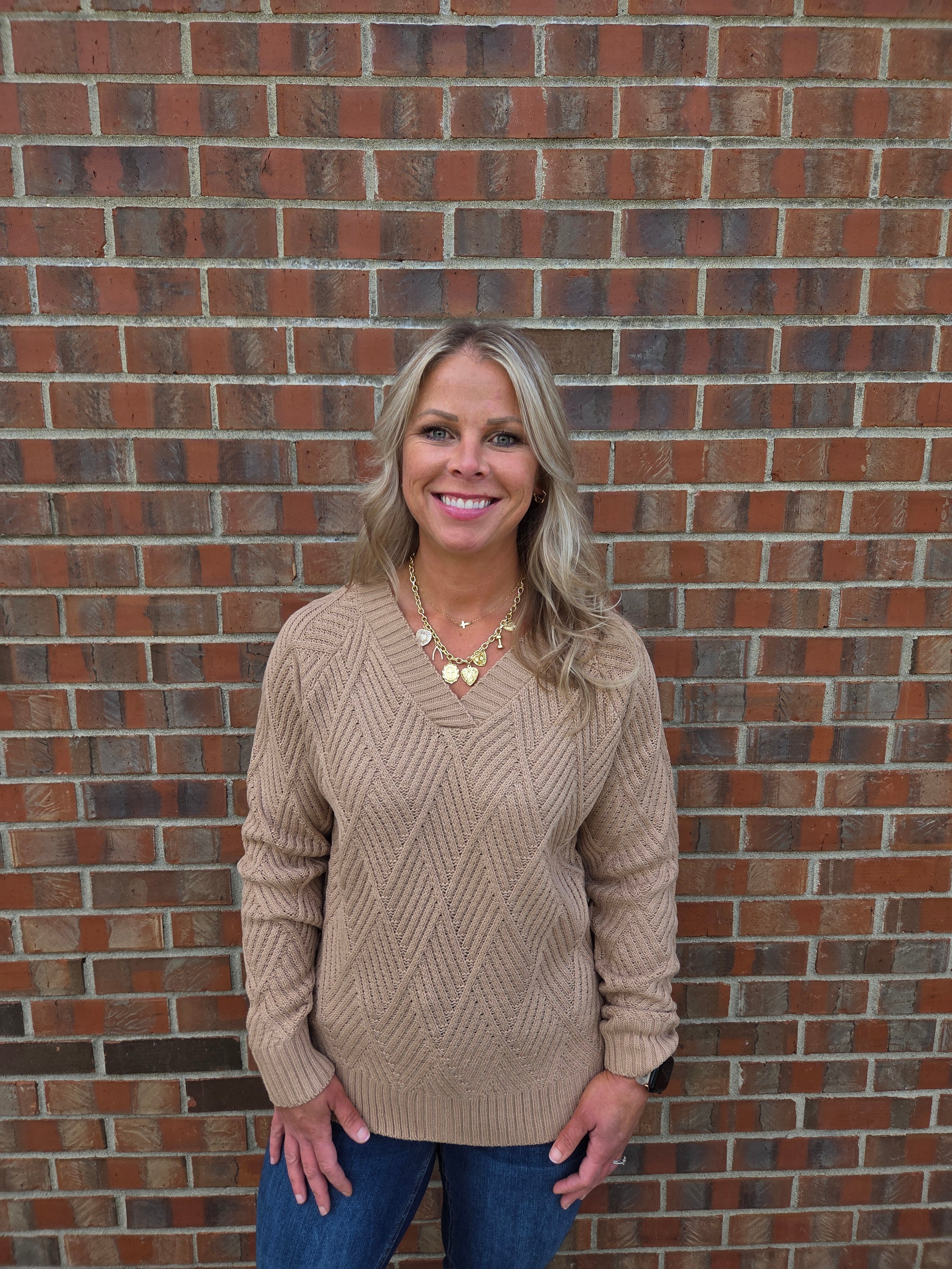 V Neck Knit Geometric Sweater