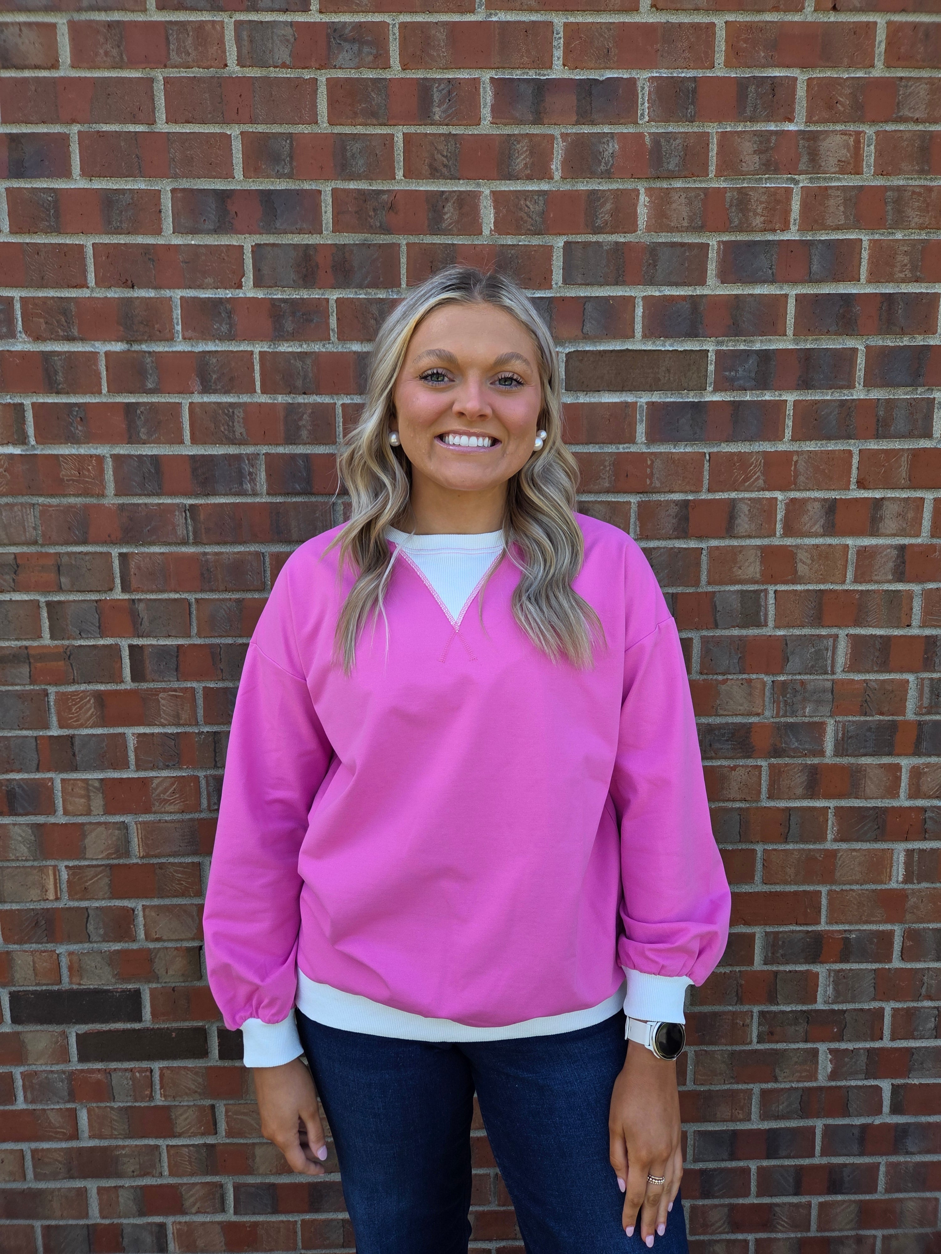 Long Sleeve Loose Pink Sweatshirt
