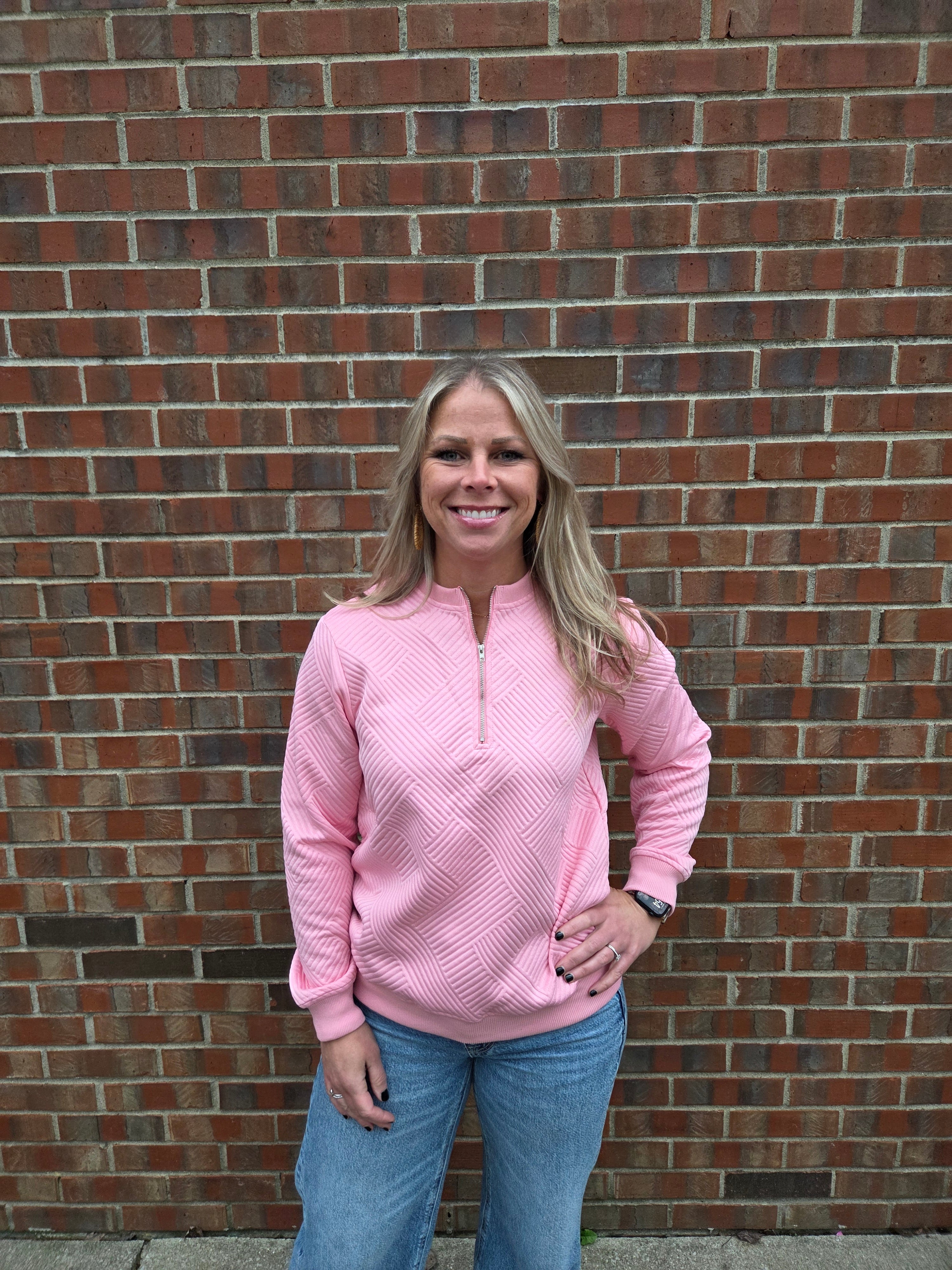Half Zip Long Sleeve Loose Sweatshirt Pink