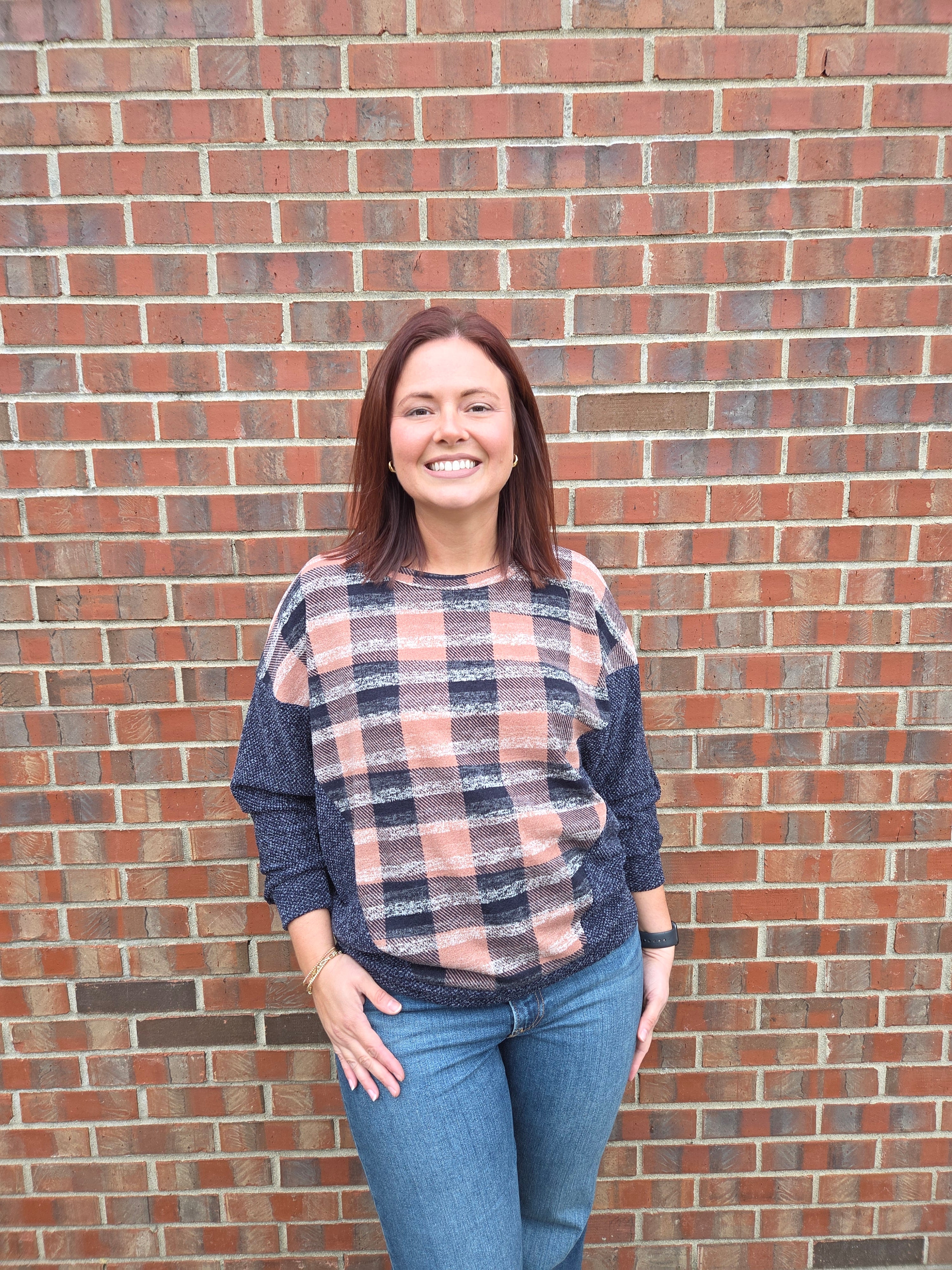 Navy Plaid Long Sleeve Top