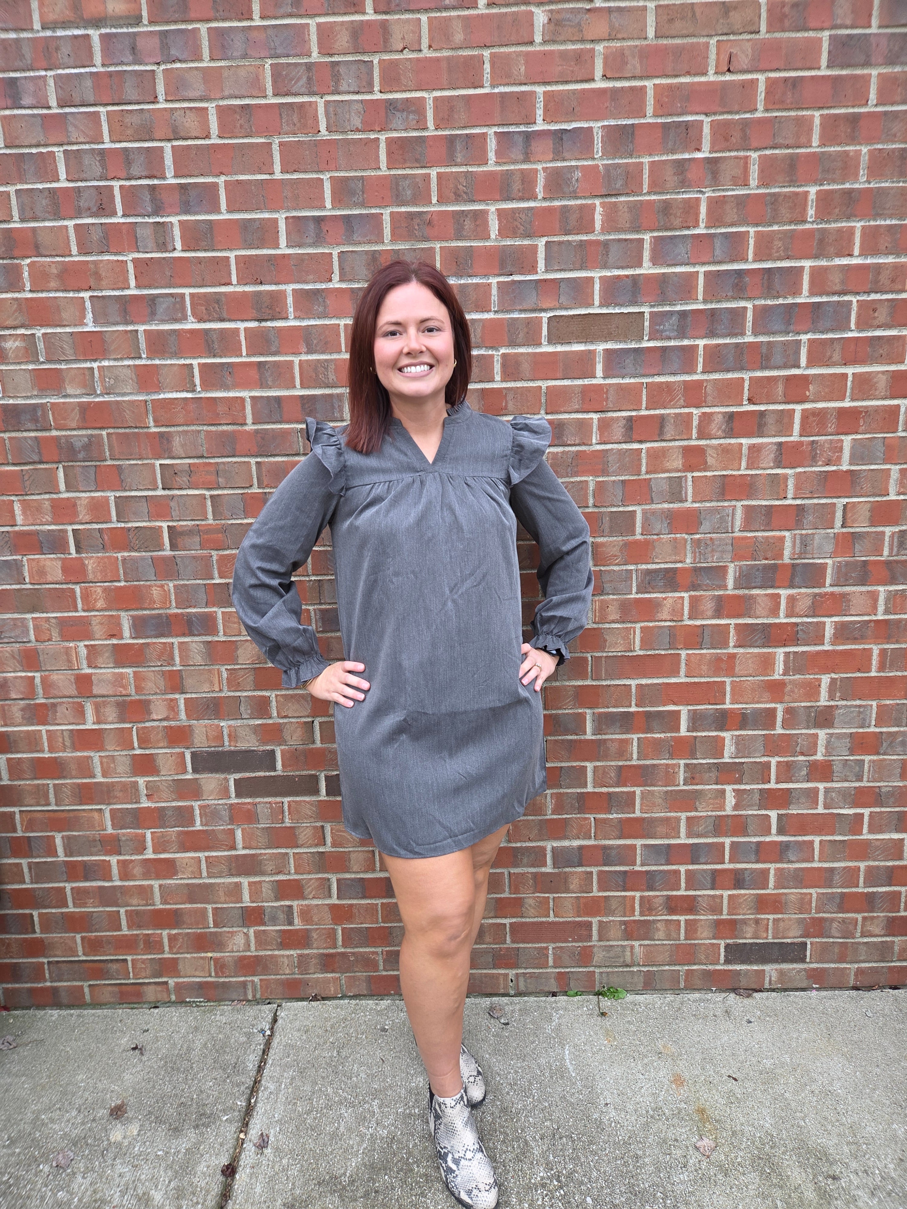 Ruffled Long Sleeve Gray Dress