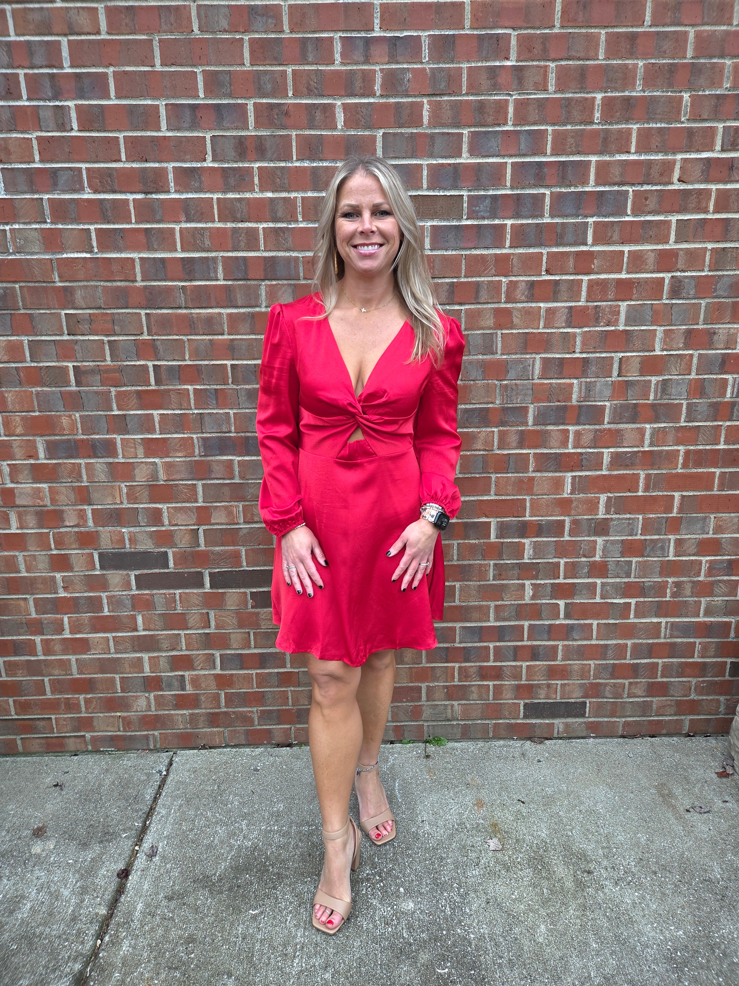 Lantern Sleeve Bright Red Dress