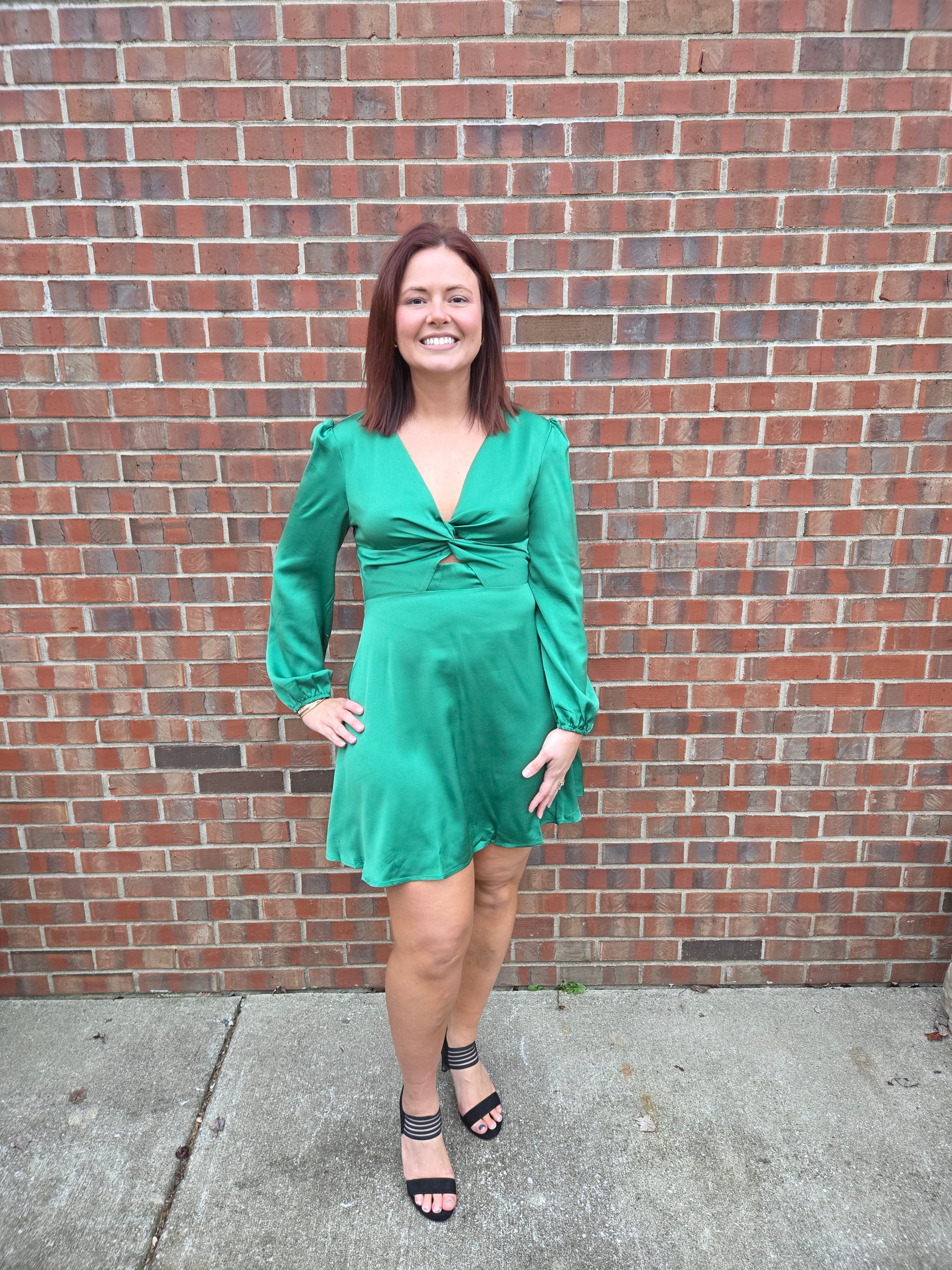 Lantern Sleeve Front Twist Green Dress