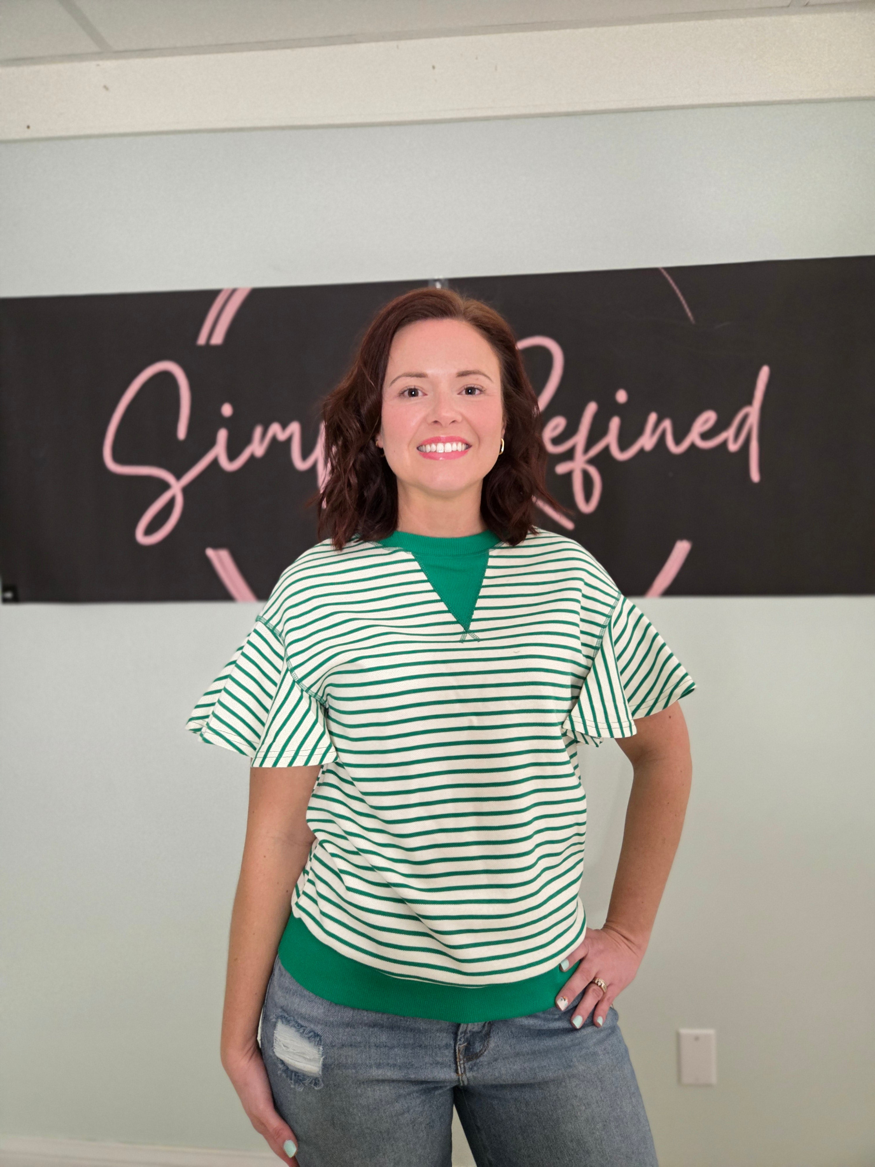 Bright Green Striped Ruffle Sleeve Shirt