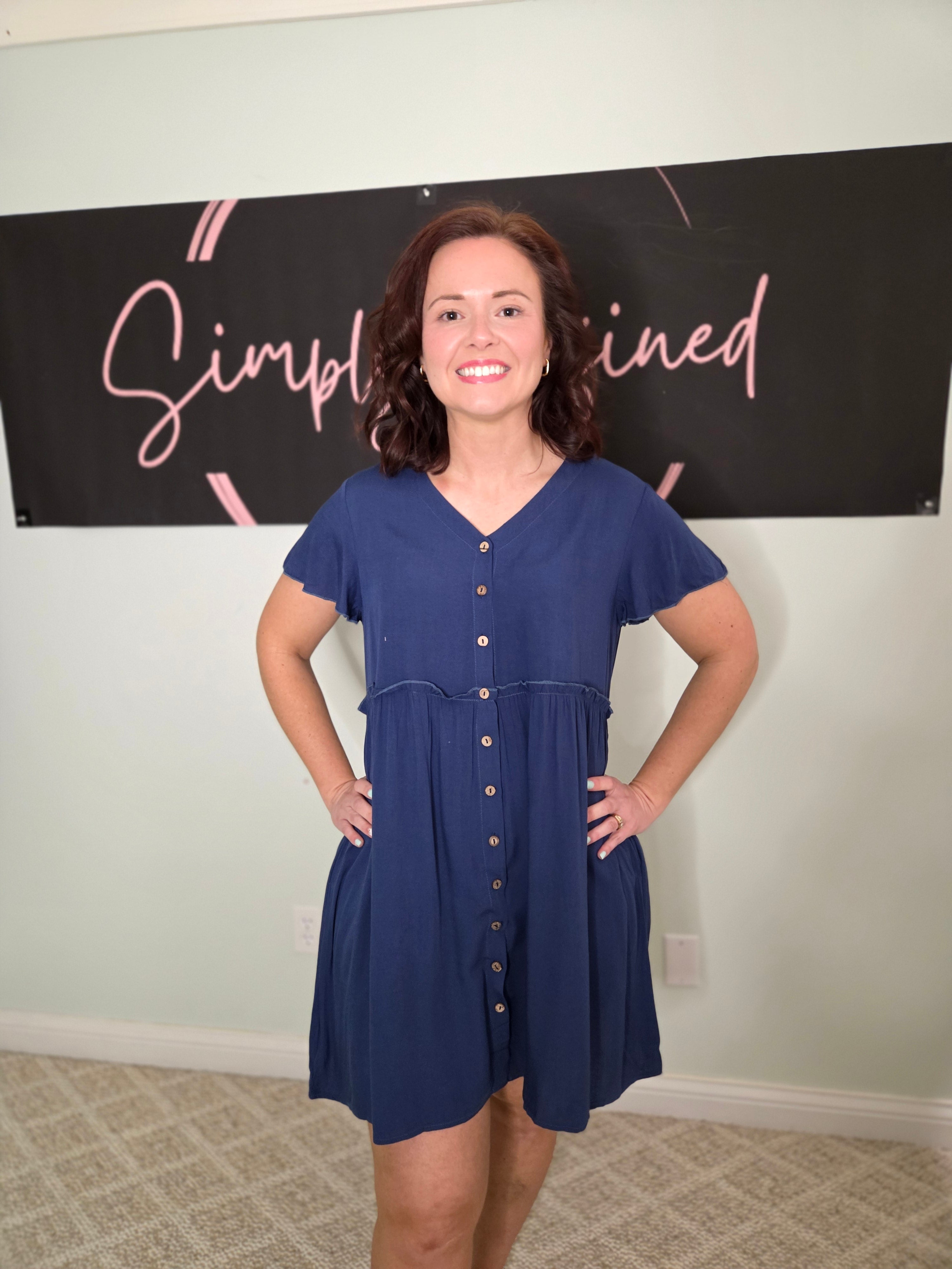 Navy Short Sleeve Ruffle Dress