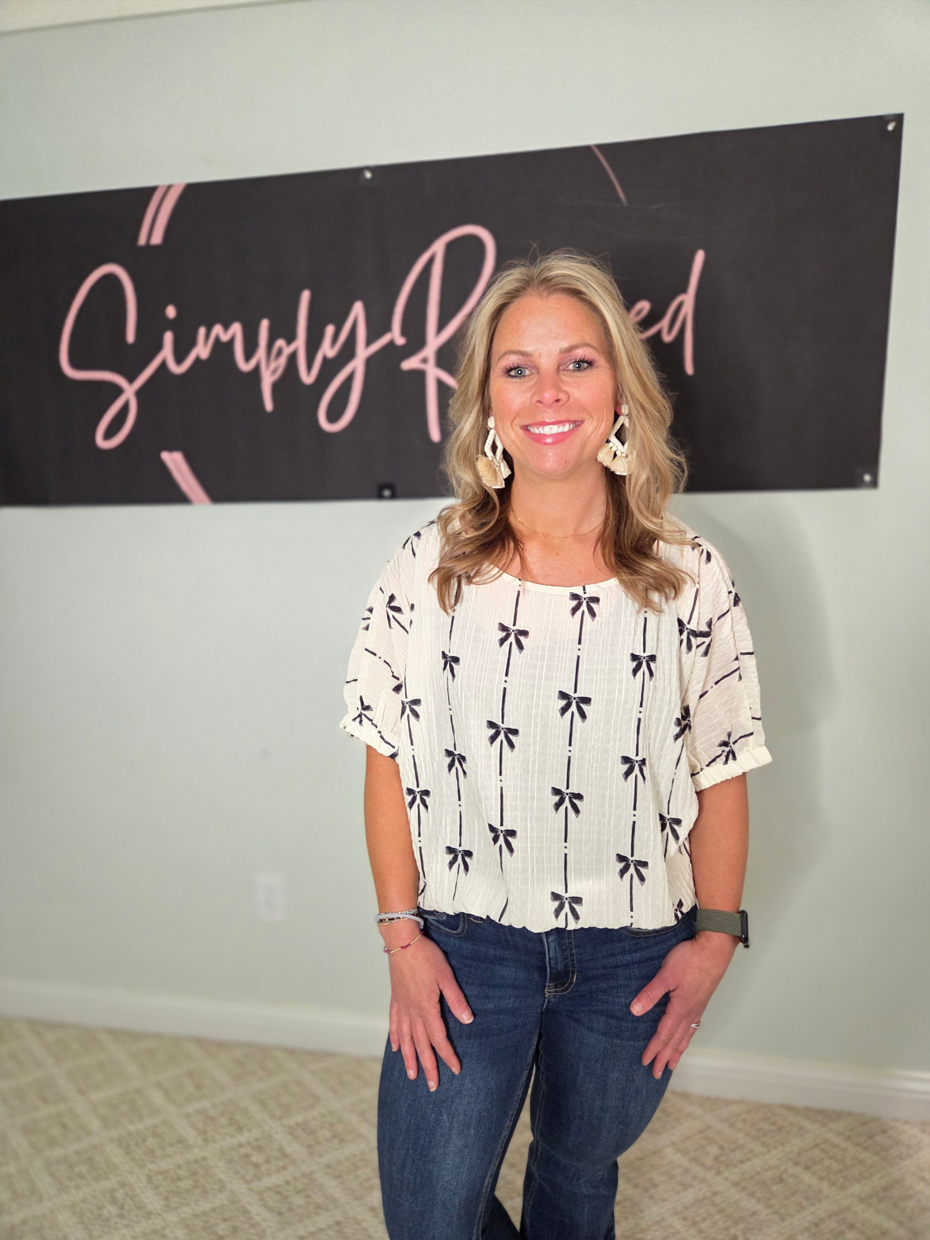 Cream Bow Print SS Top