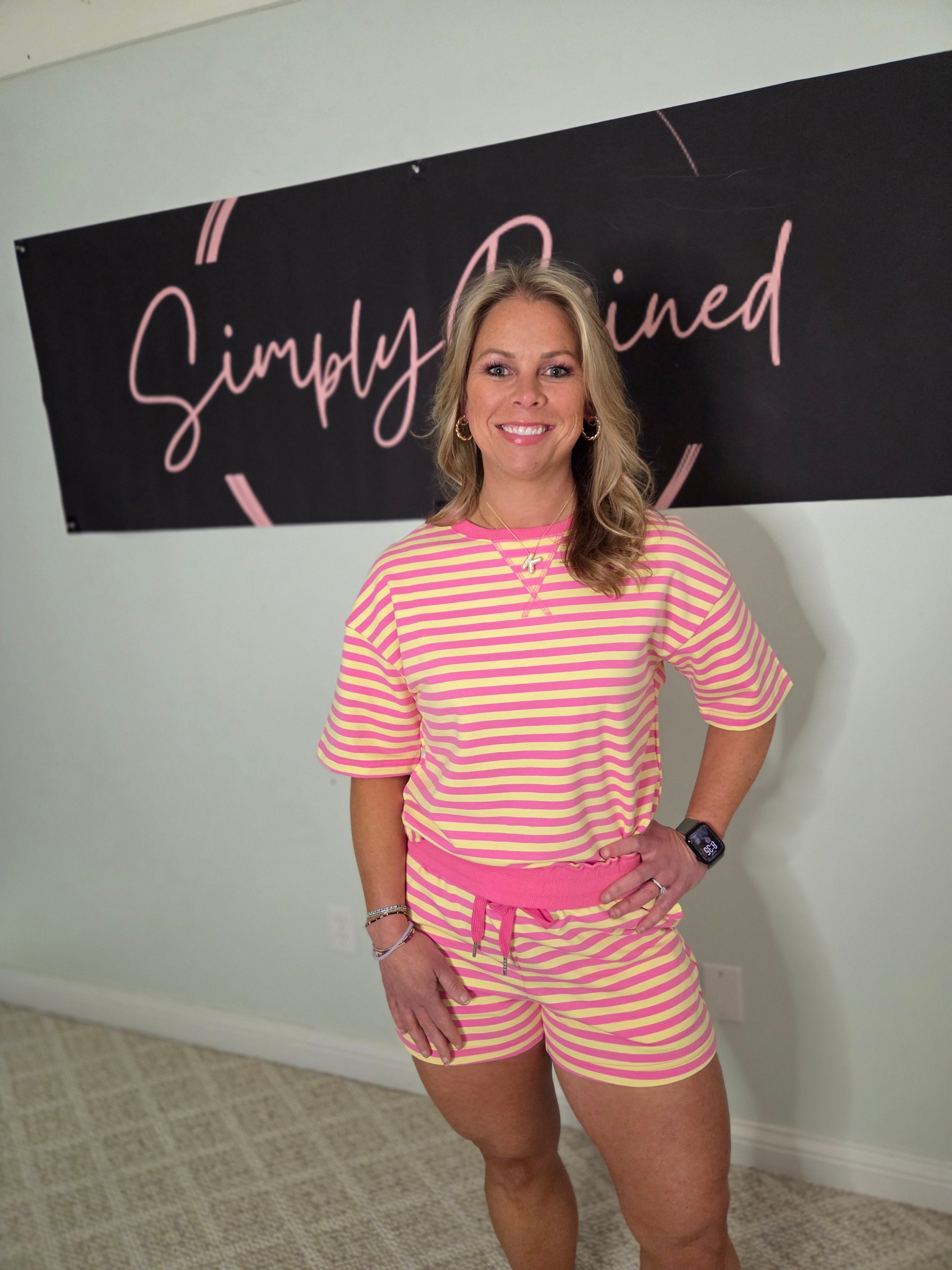 Pink/Yellow Stripe 2pc Short Set