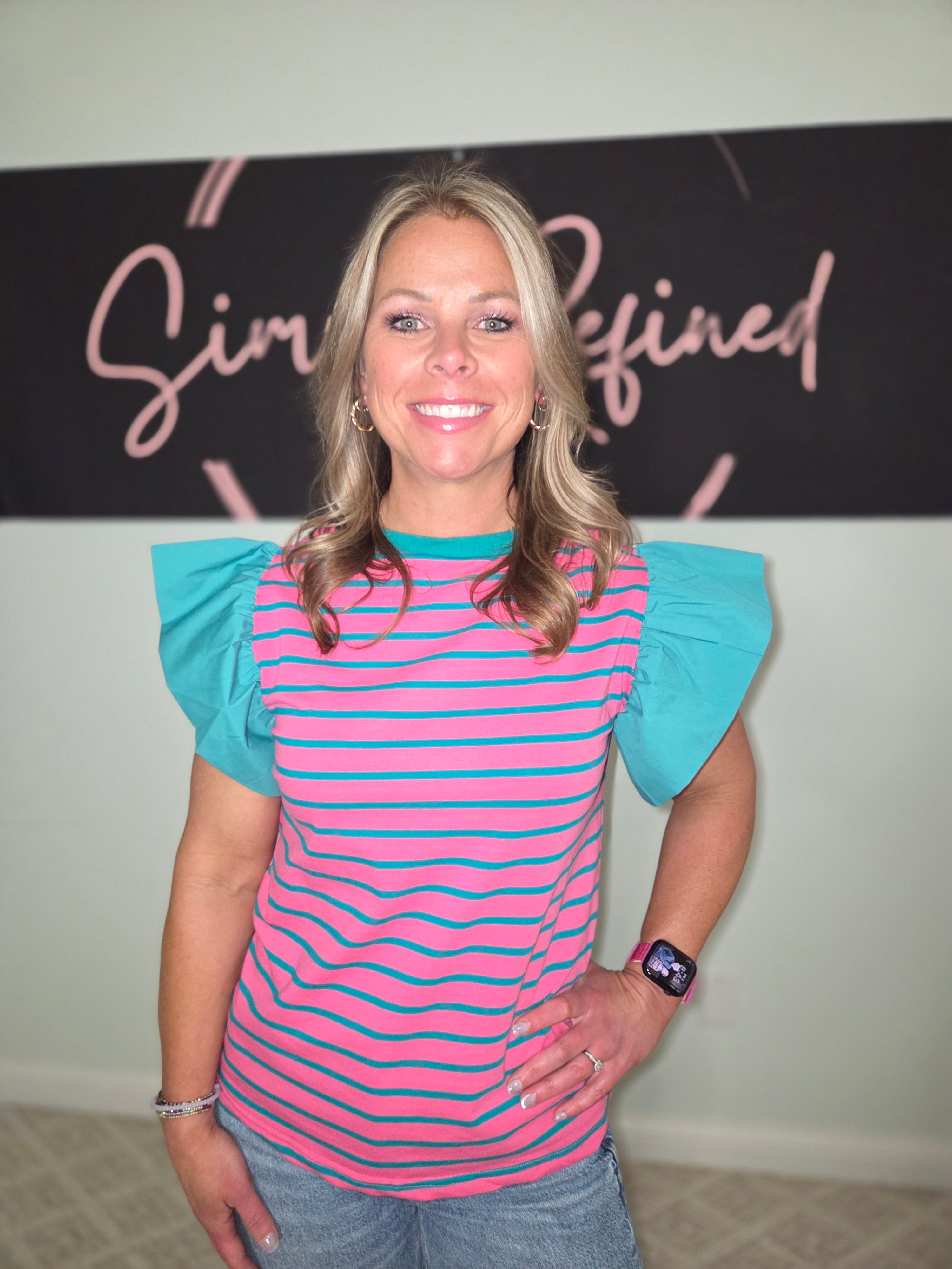 Pink/teal Ruffle Sleeve Top