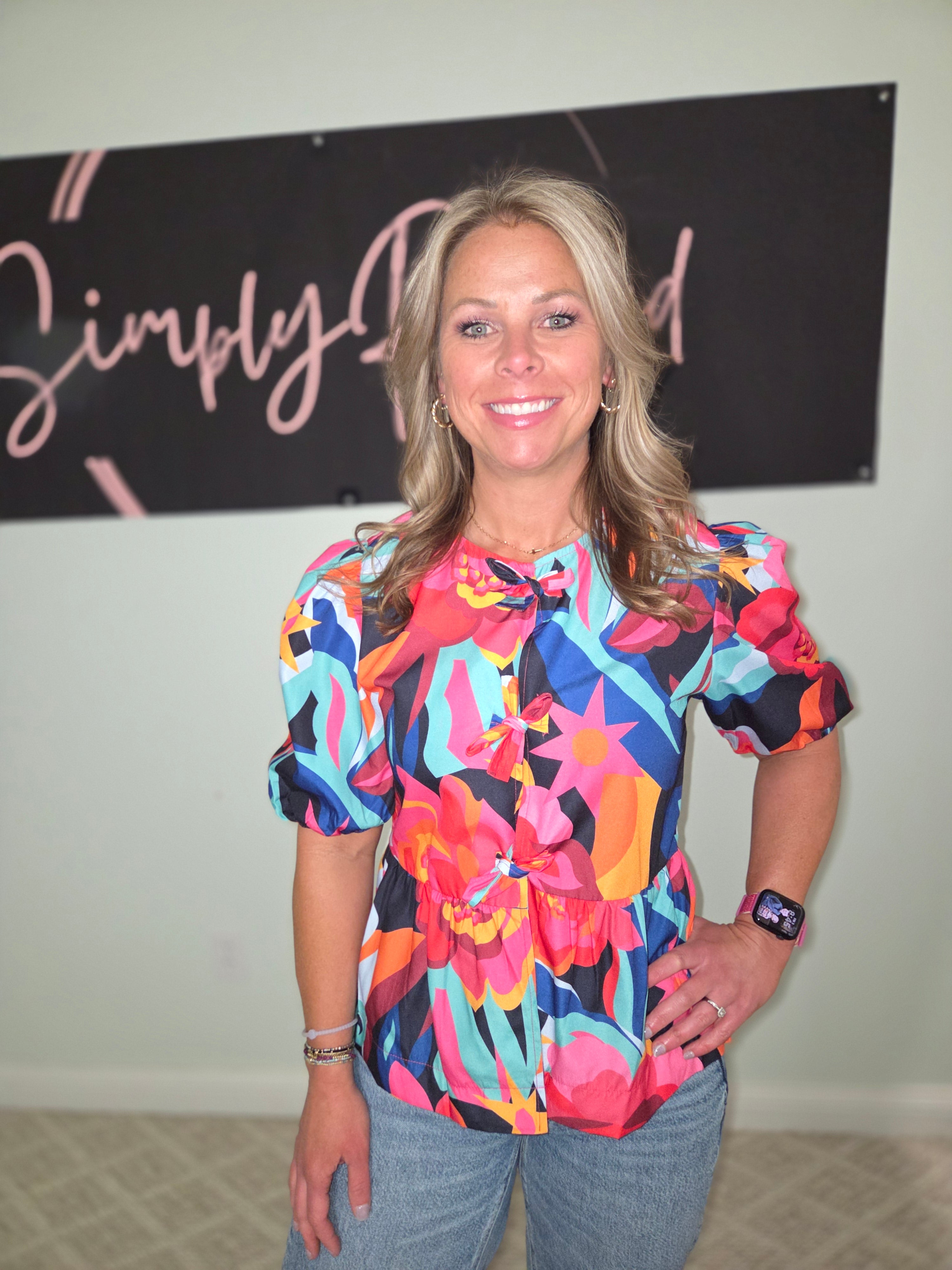 Red Floral Puff Sleeve Top with Tie Front