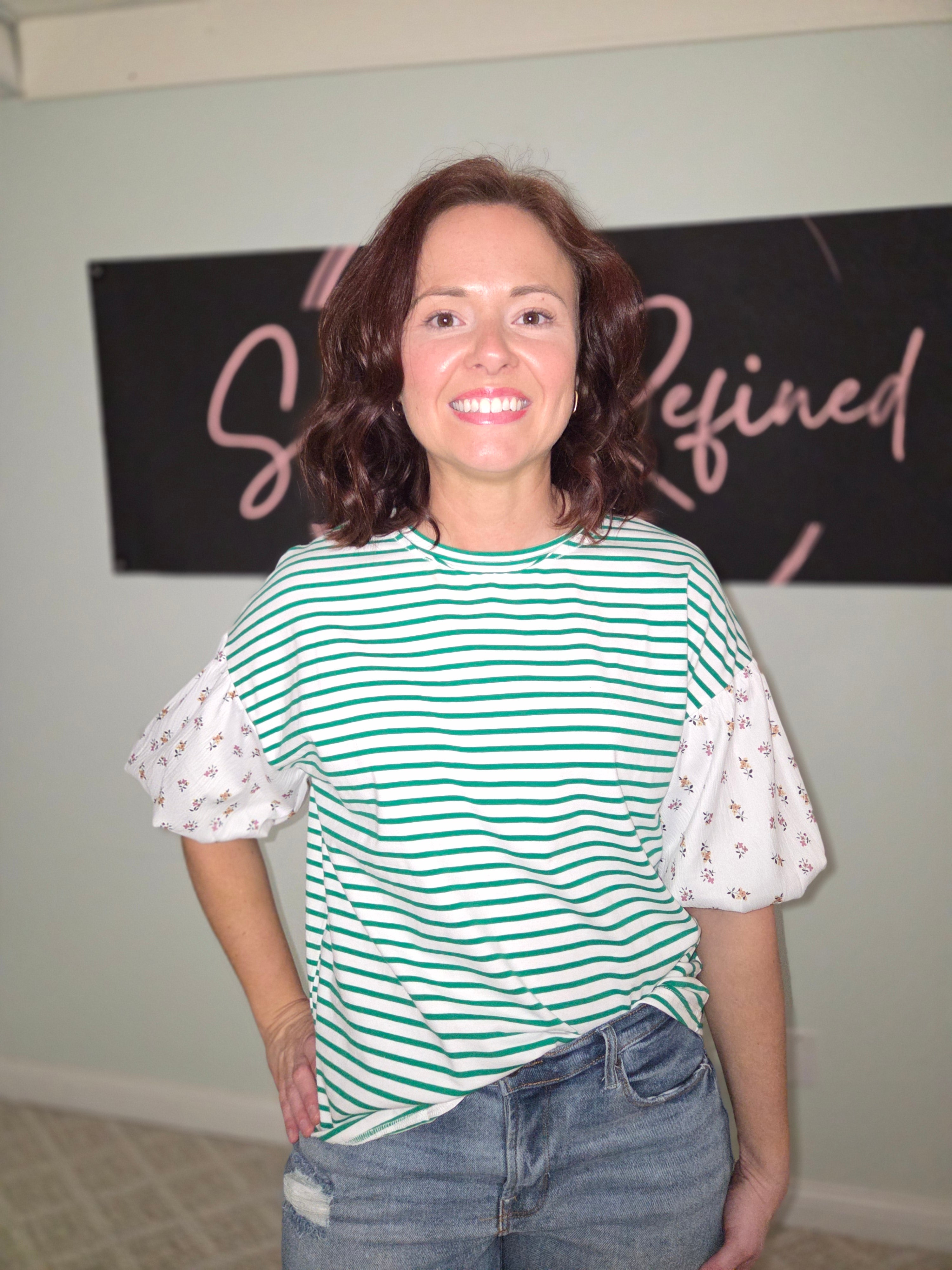 Green Stripe with Puff Floral Sleeve
