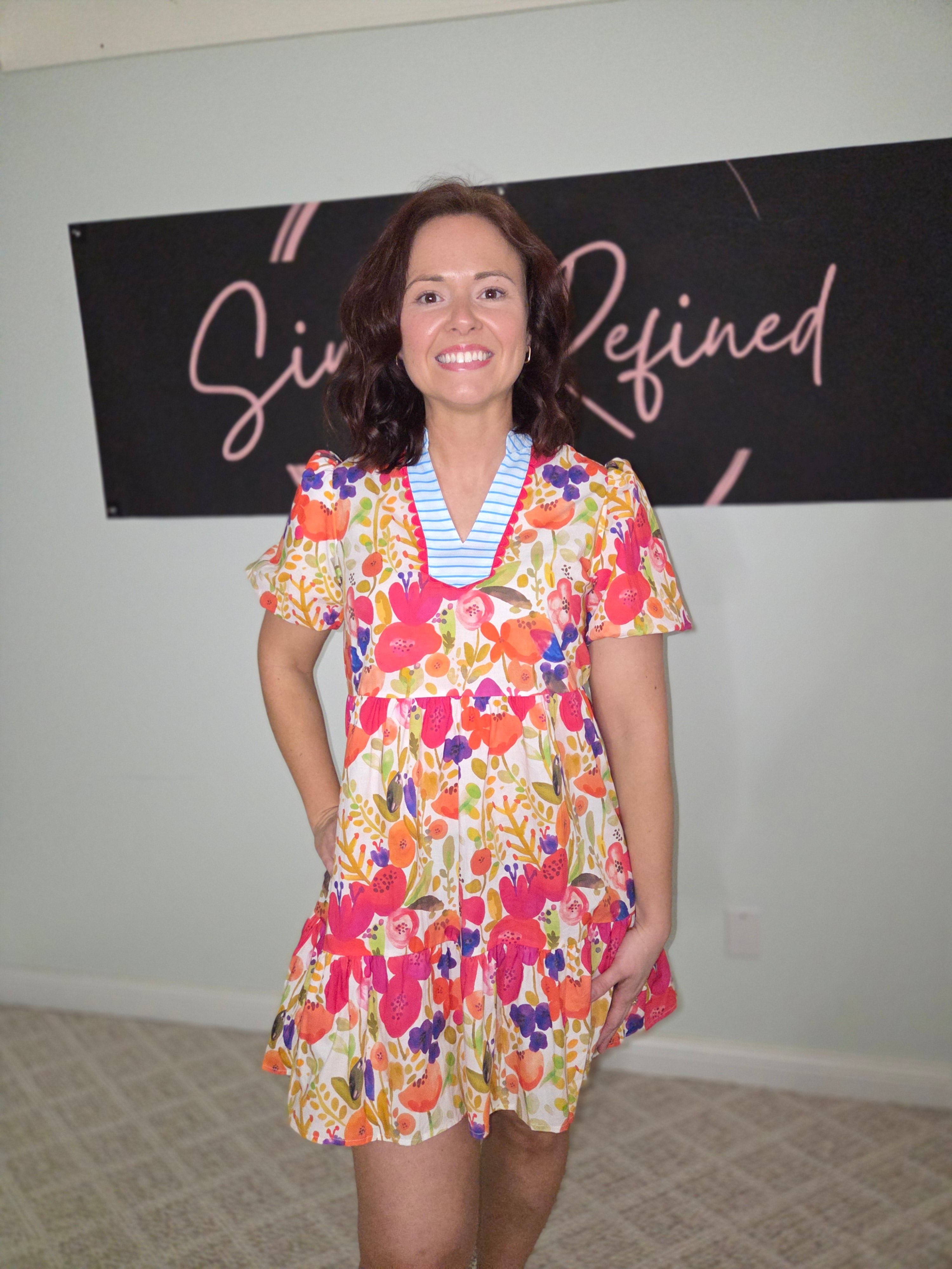 Pink Floral Vneck Dress