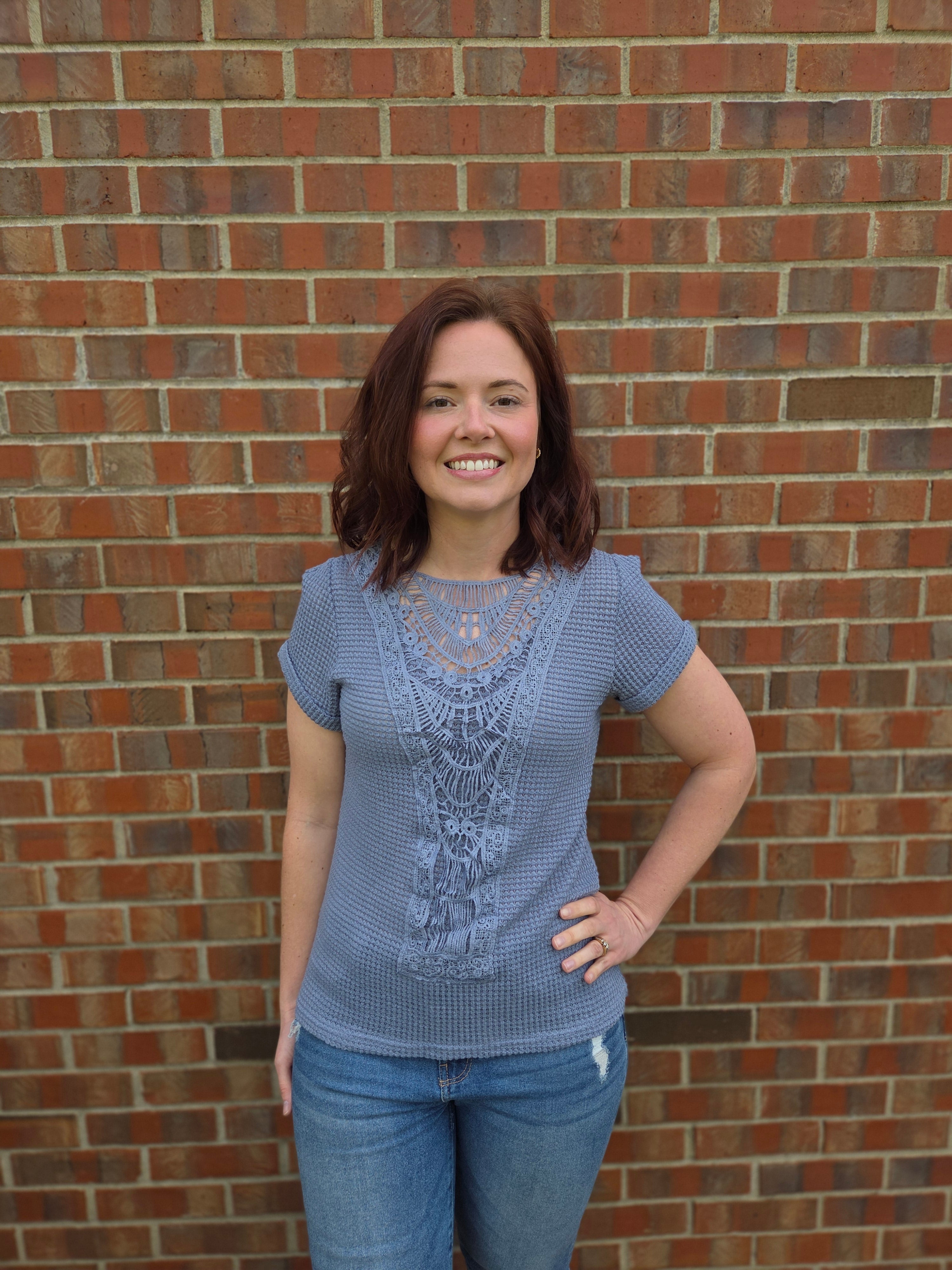 Blue Patchwork Short Sleeve Top