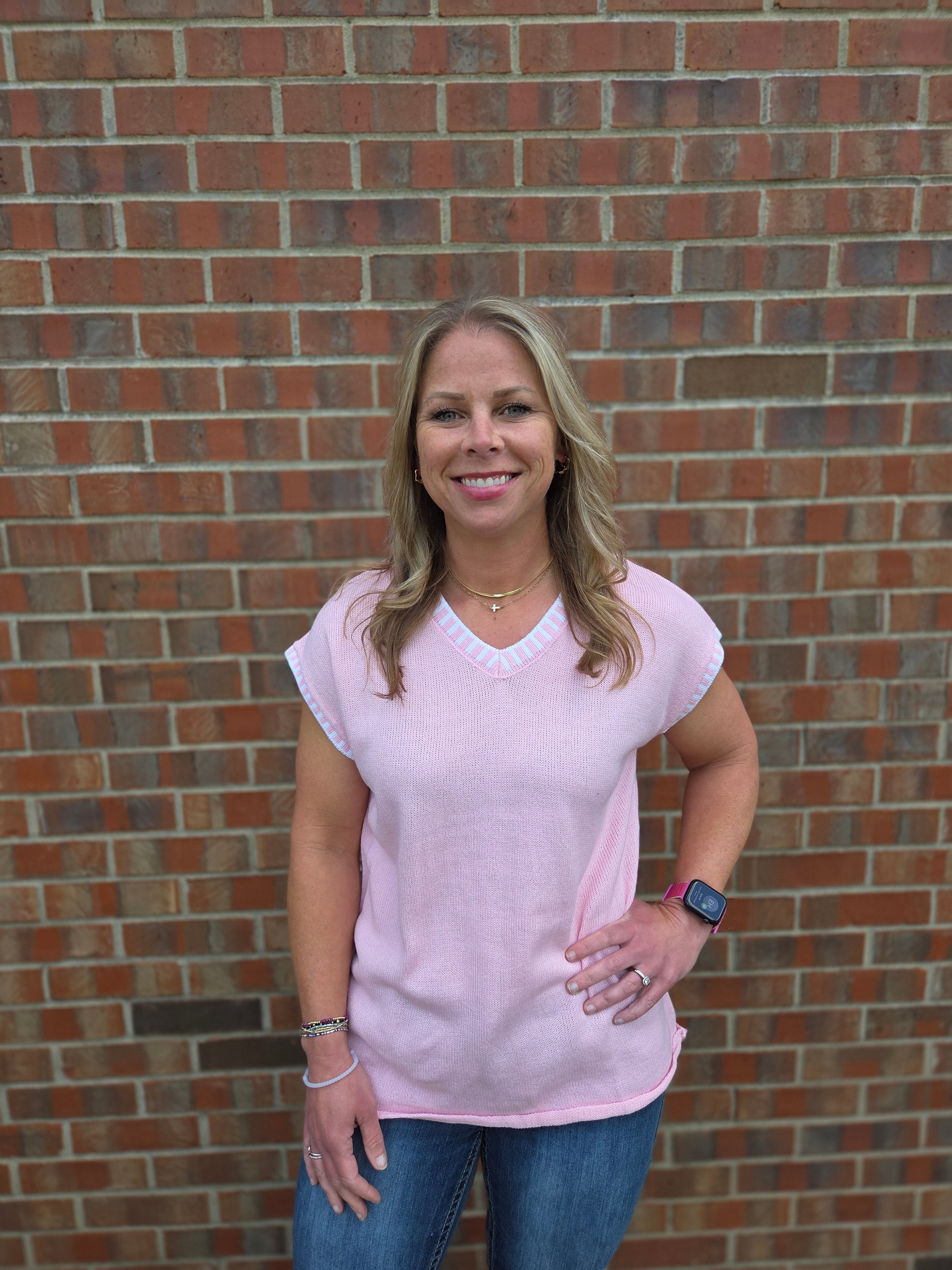 Pink Vneck Short Sleeve Sweater