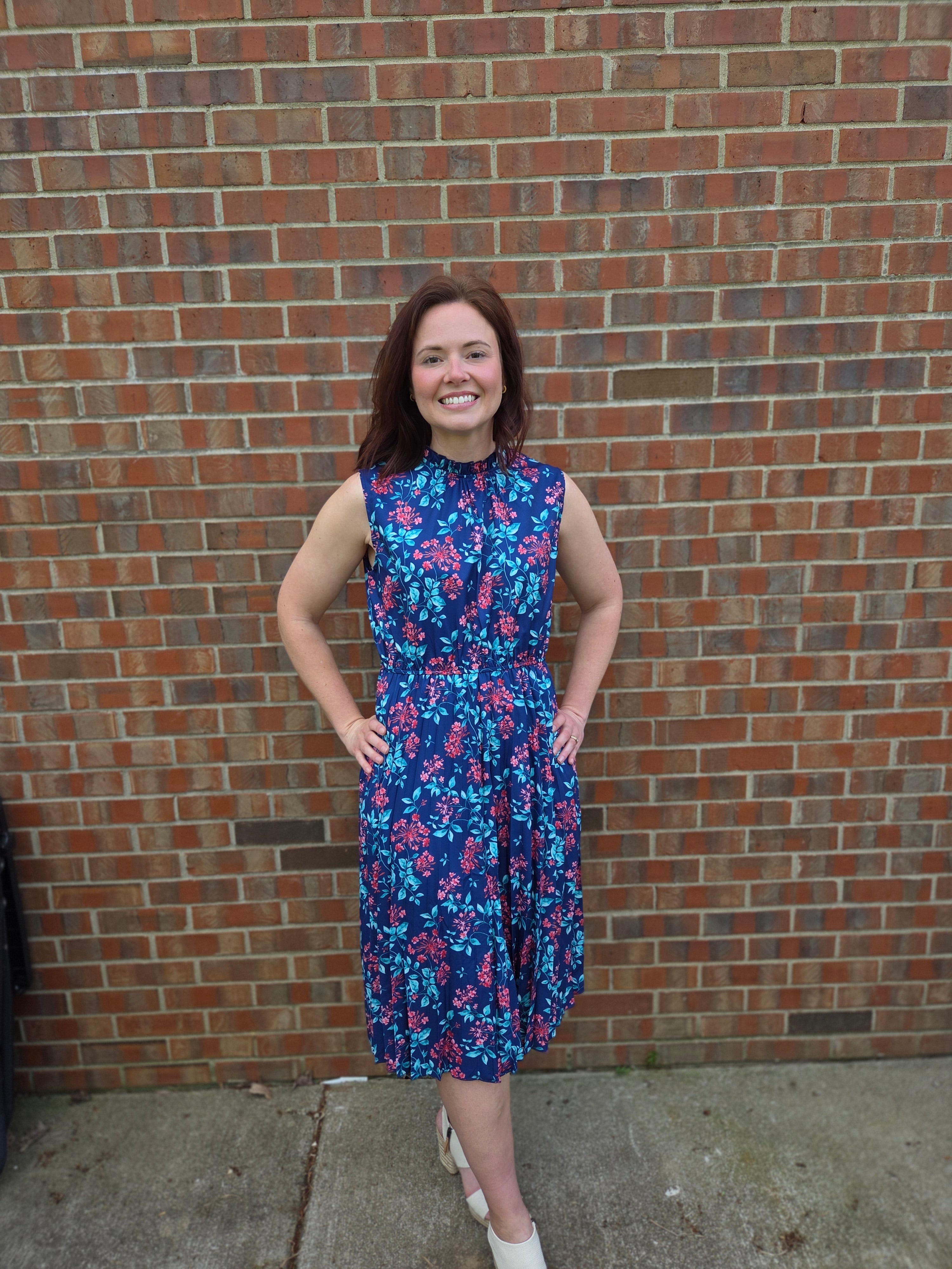 Blue Pleated Flower Dress