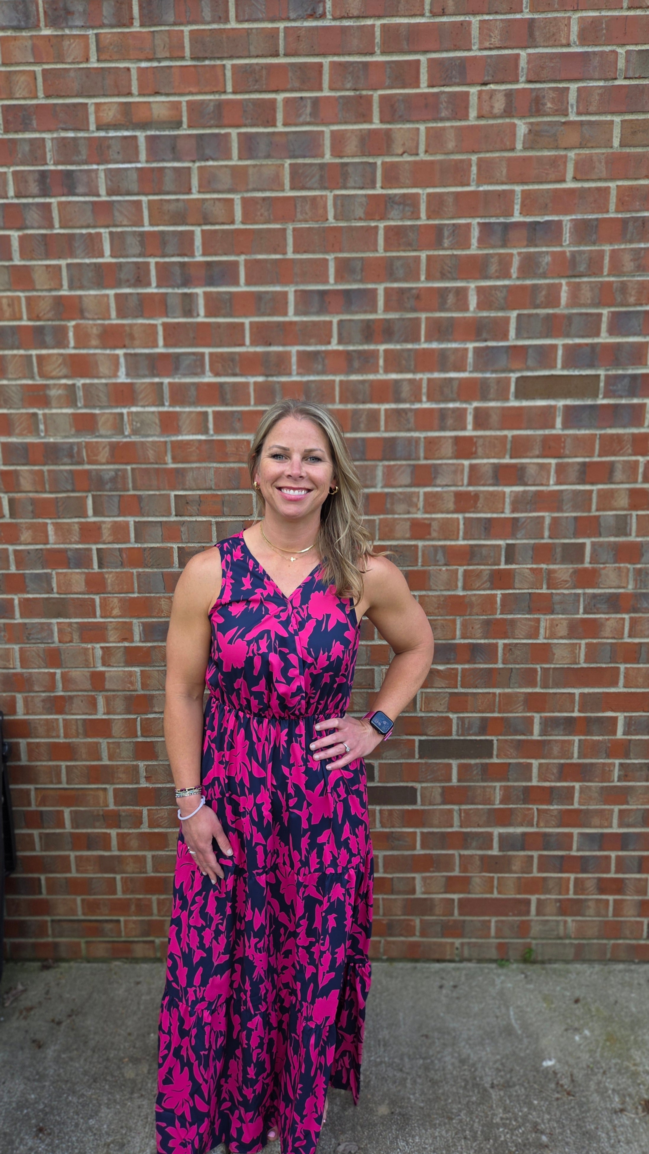 Pink/Navy Sleeveless Print Dress