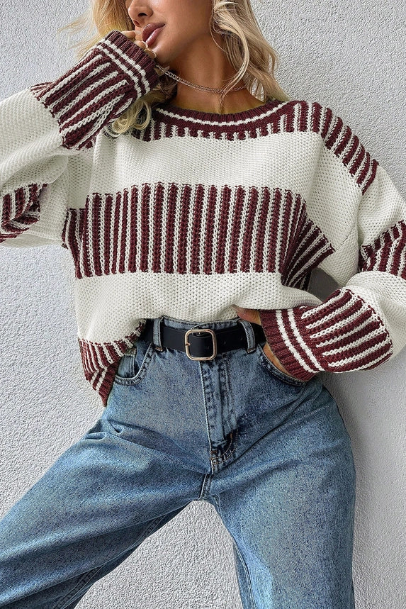 Two Tone Burgundy Stripe Sweater