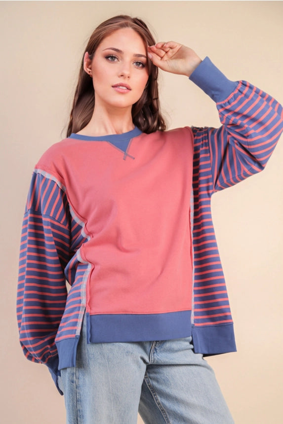 Oversized Stripe Casual Knit Shirt - Coral