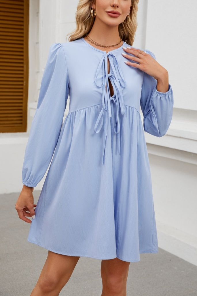 Long Sleeve Bow Babydoll Dress -Light Blue