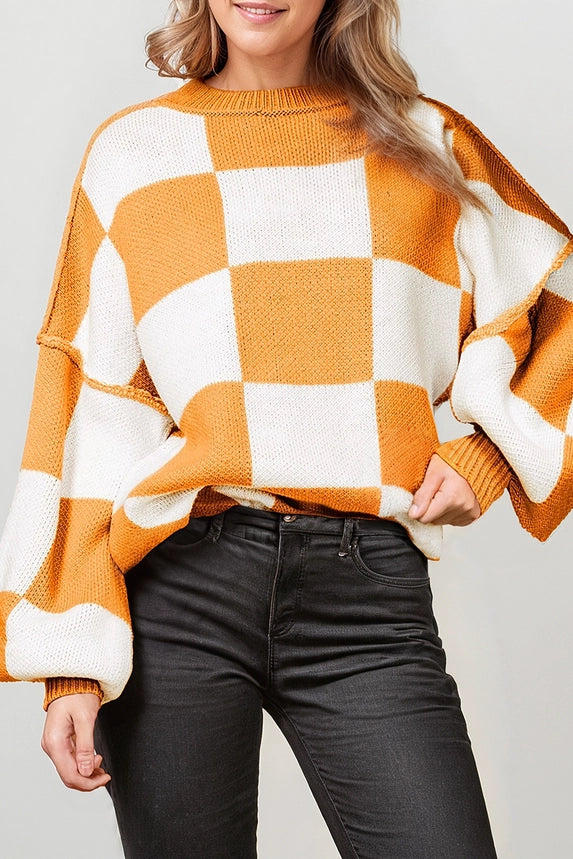 Orange & White Long Sleeve Checkered Sweater