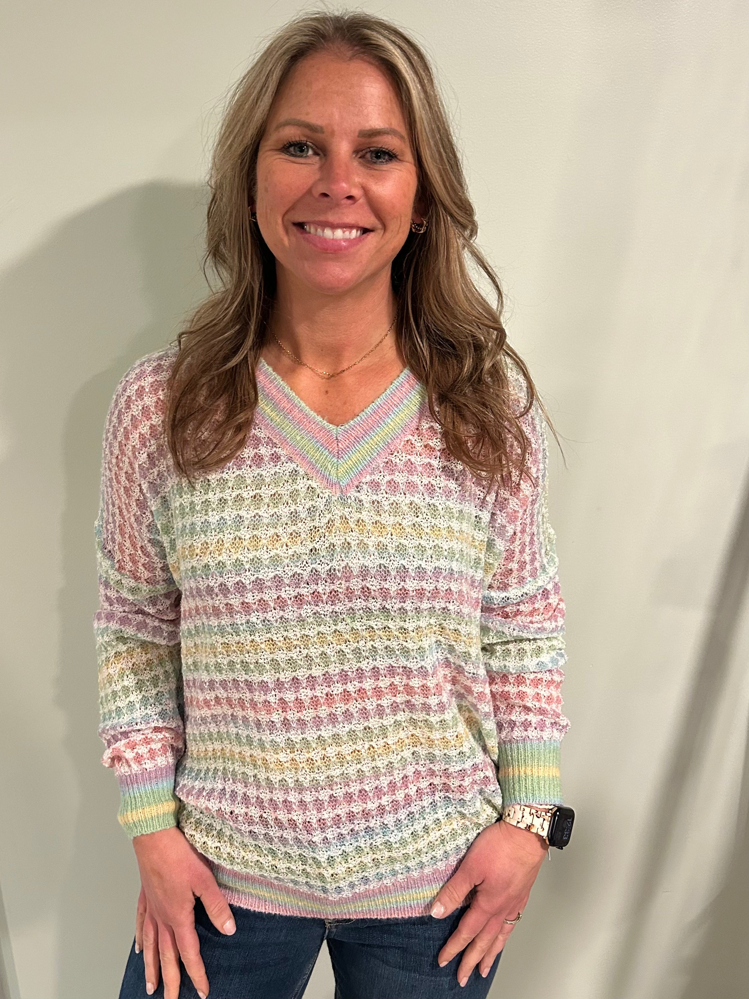 Rainbow Open Knit VNeck Sweater