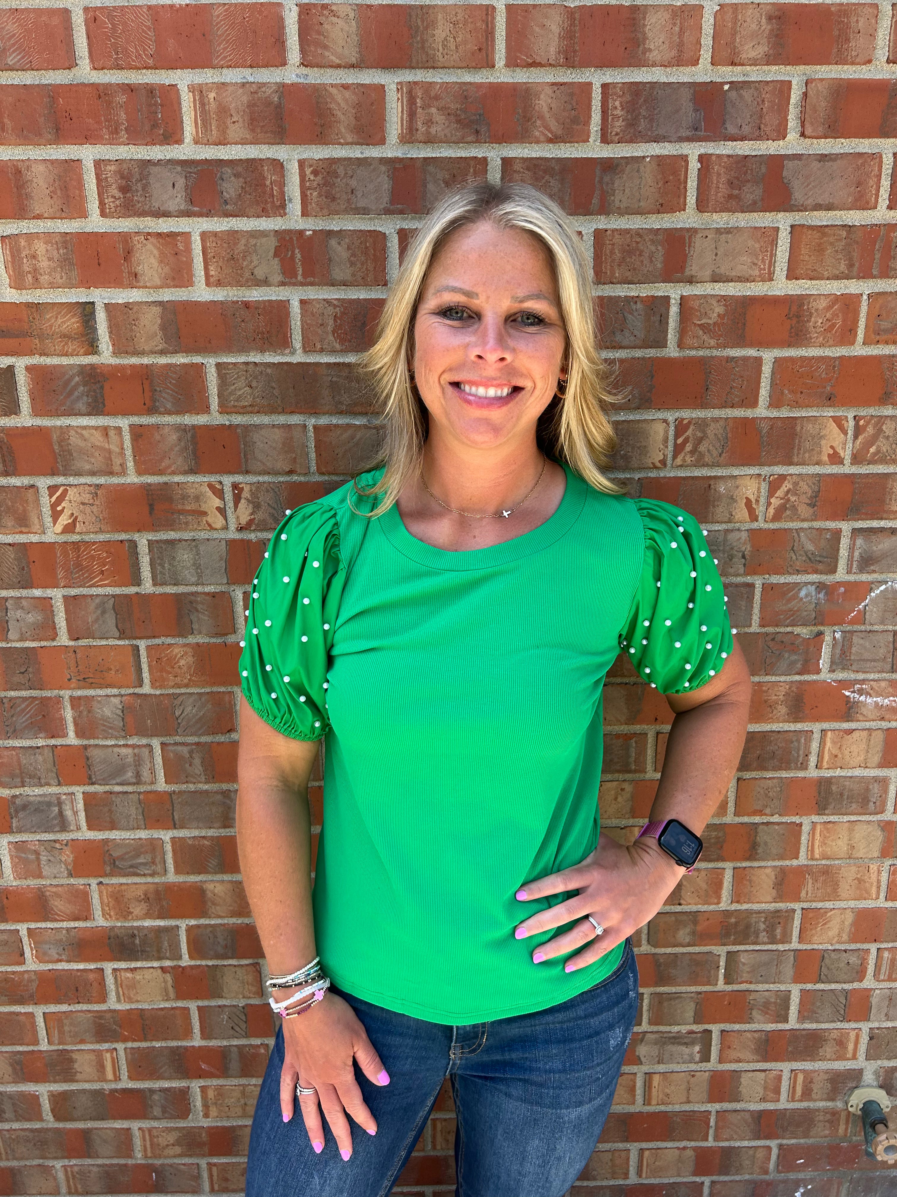 Green Top with Pearl Puff Sleeves