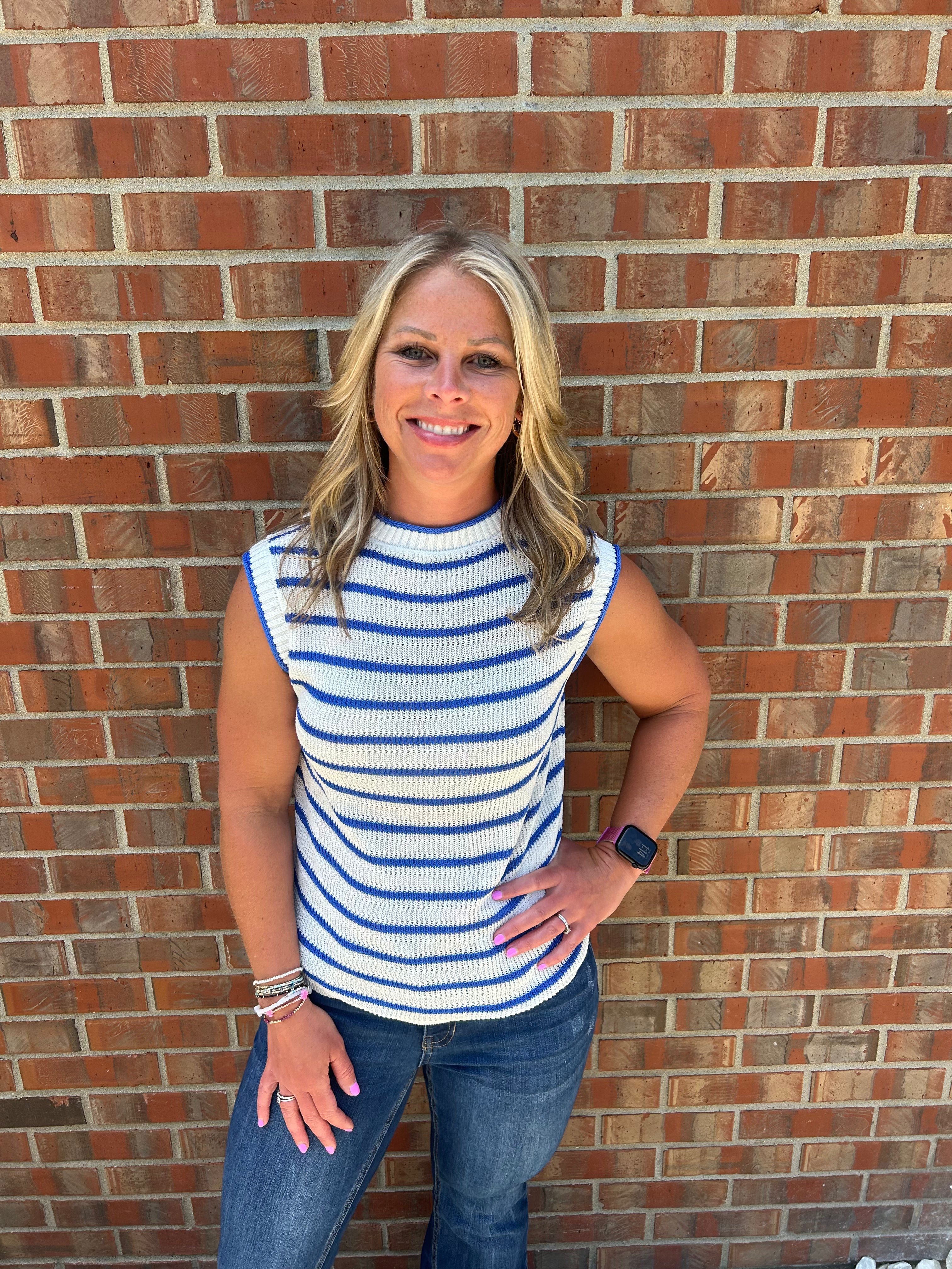 Blue Striped Sleeveless Knit Tank Top