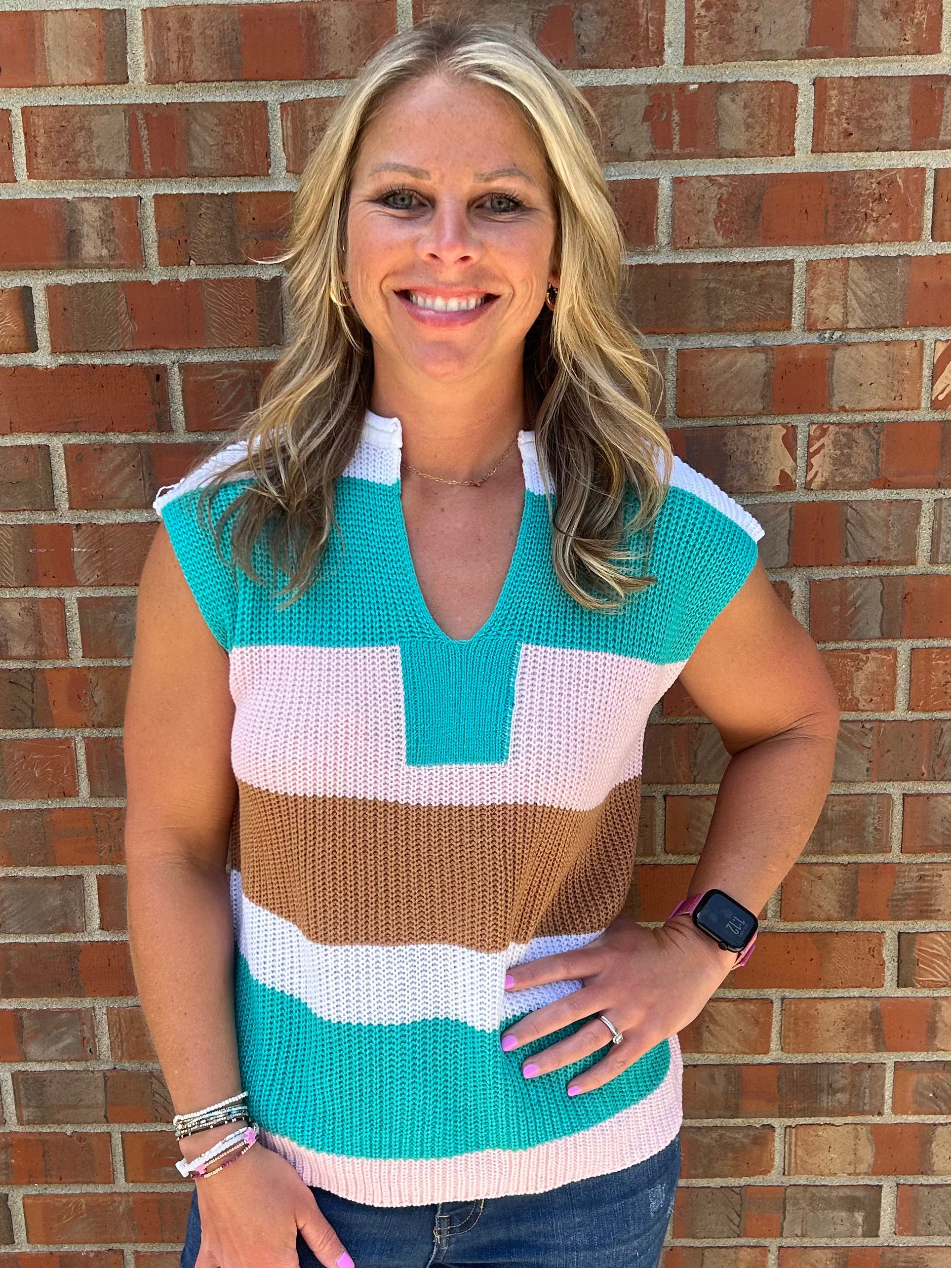 Colorblock Striped V Neck Short Sleeve Top