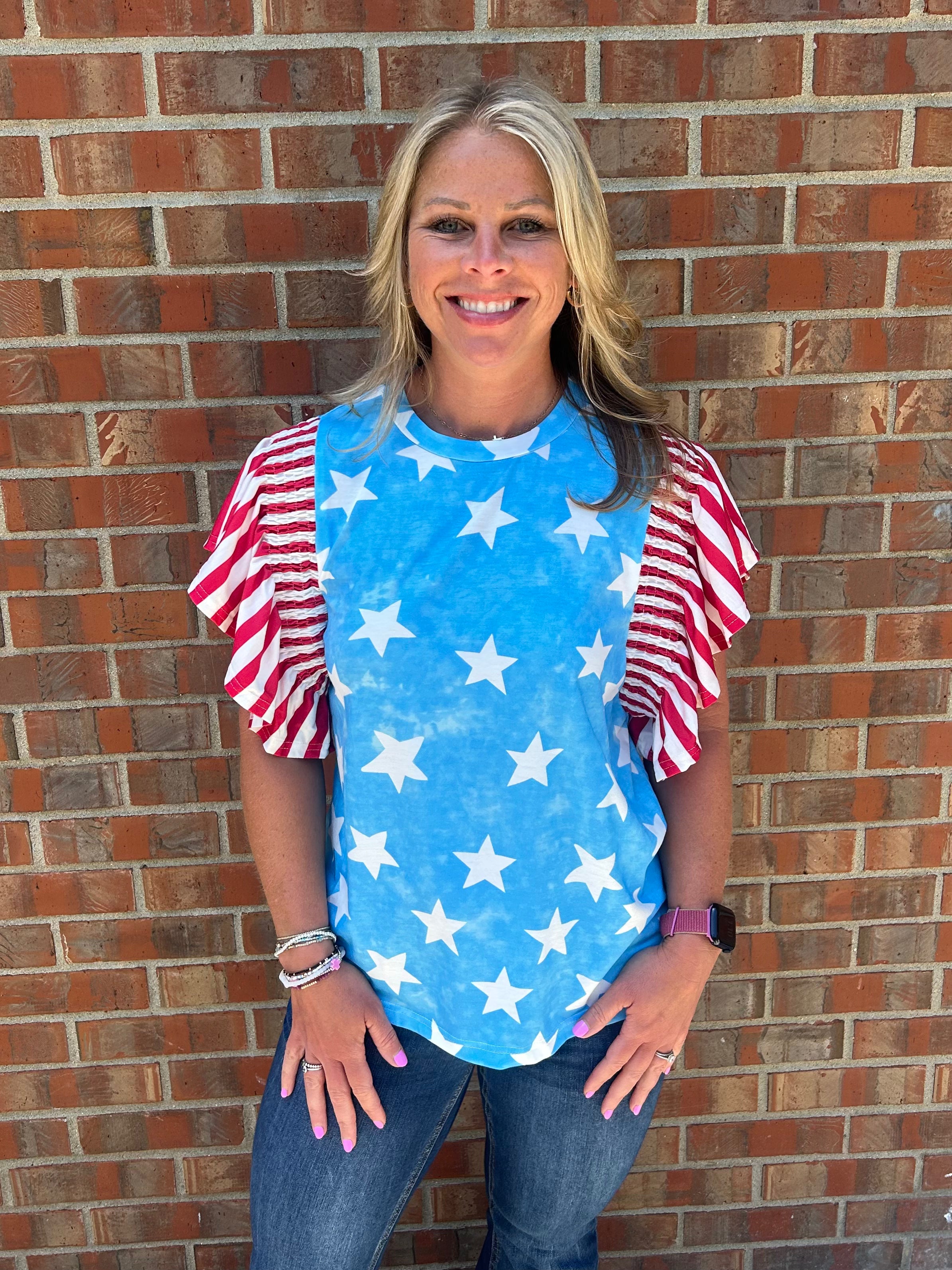 Vintage Star Print Ruffle Sleeve Top