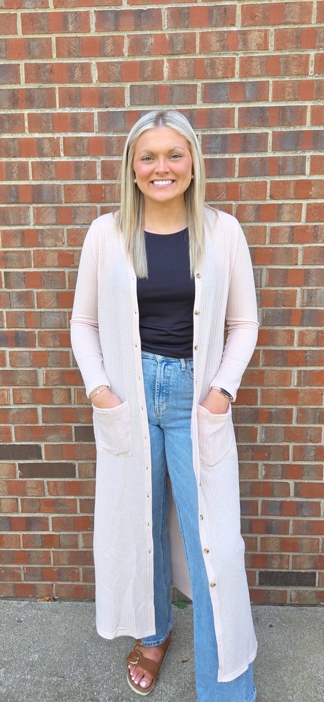 Apricot Knitted Long Cardigan with Pockets