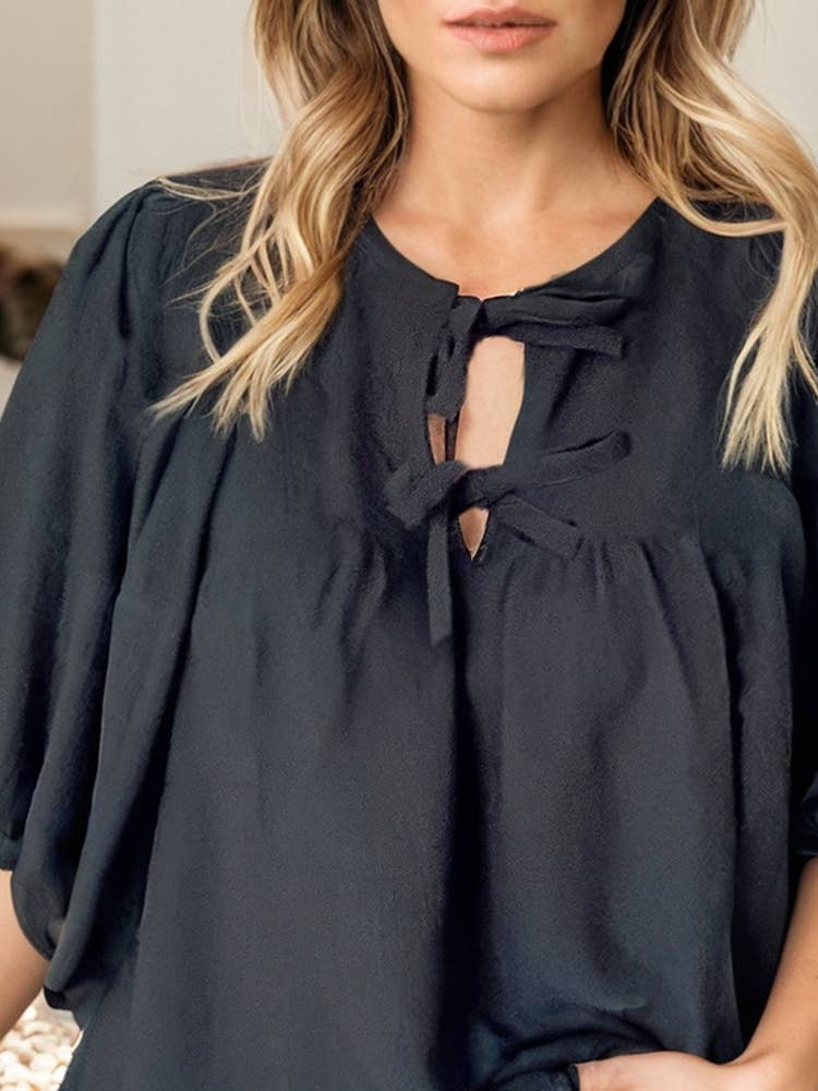 Tie 3/4 Sleeve Casual Black Blouse