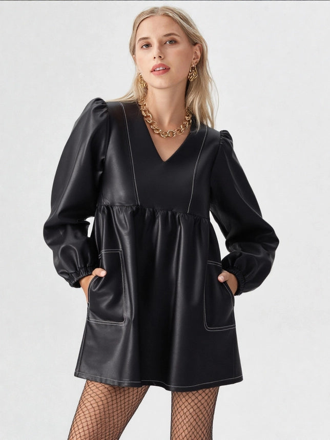 Long Sleeve Faux Leather Babydoll Dress Black