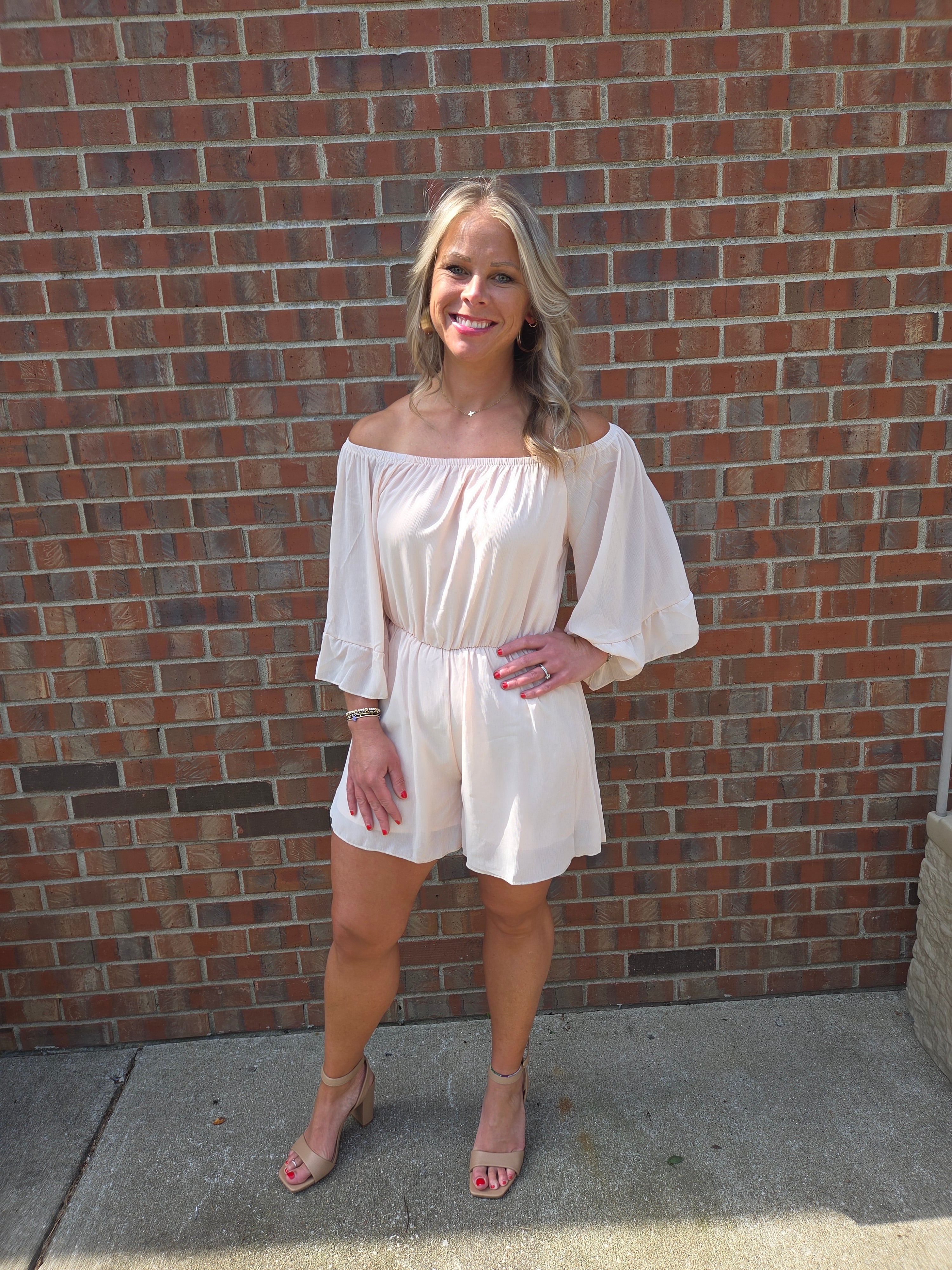 Off Shoulder Bell Sleeve Romper Beige