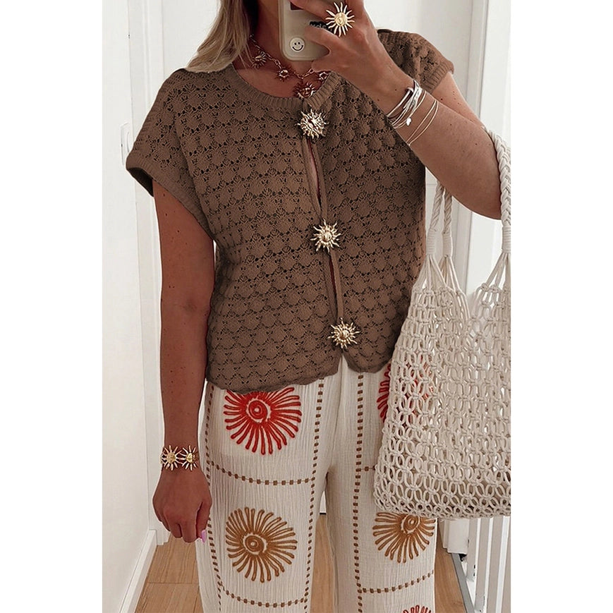 Crochet Short Sleeve Button Front Sweater