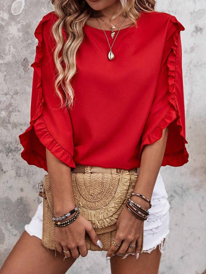 Solid Red Ruffle Sleeve Shirt