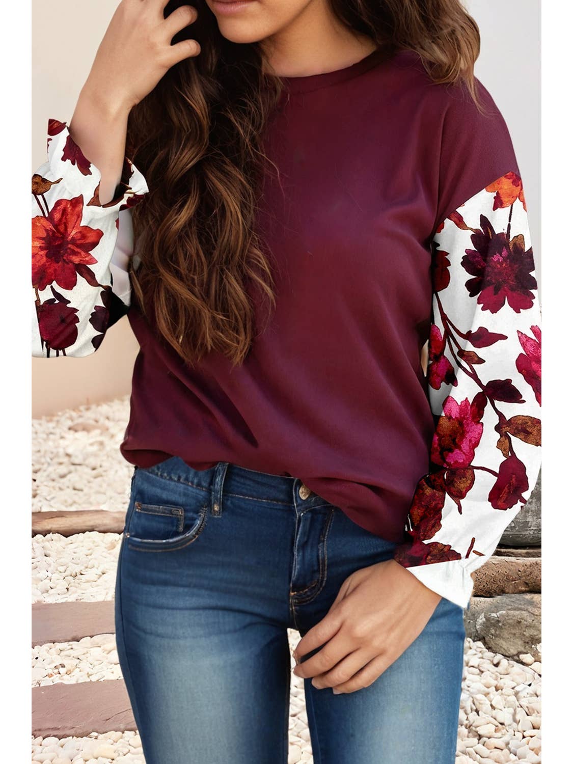 Floral Sleeve Burgundy Top