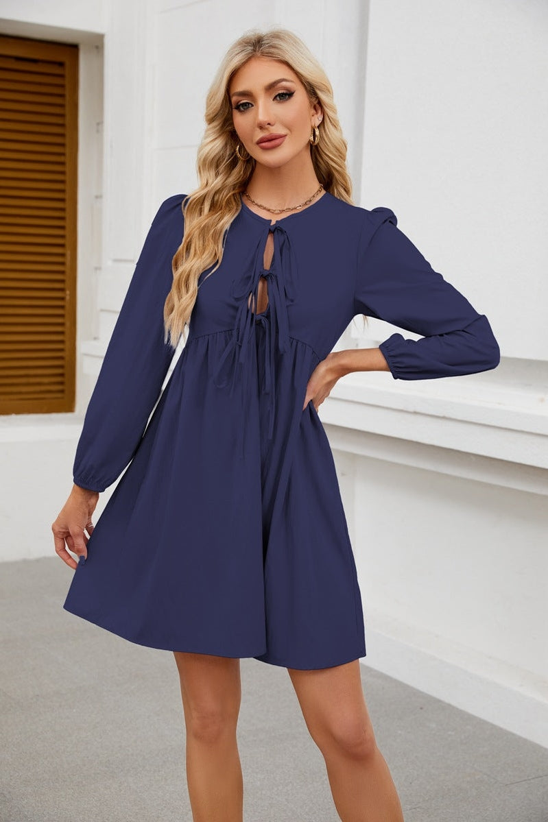 Long Sleeve Babydoll Dress with Bow Tie Front -Navy