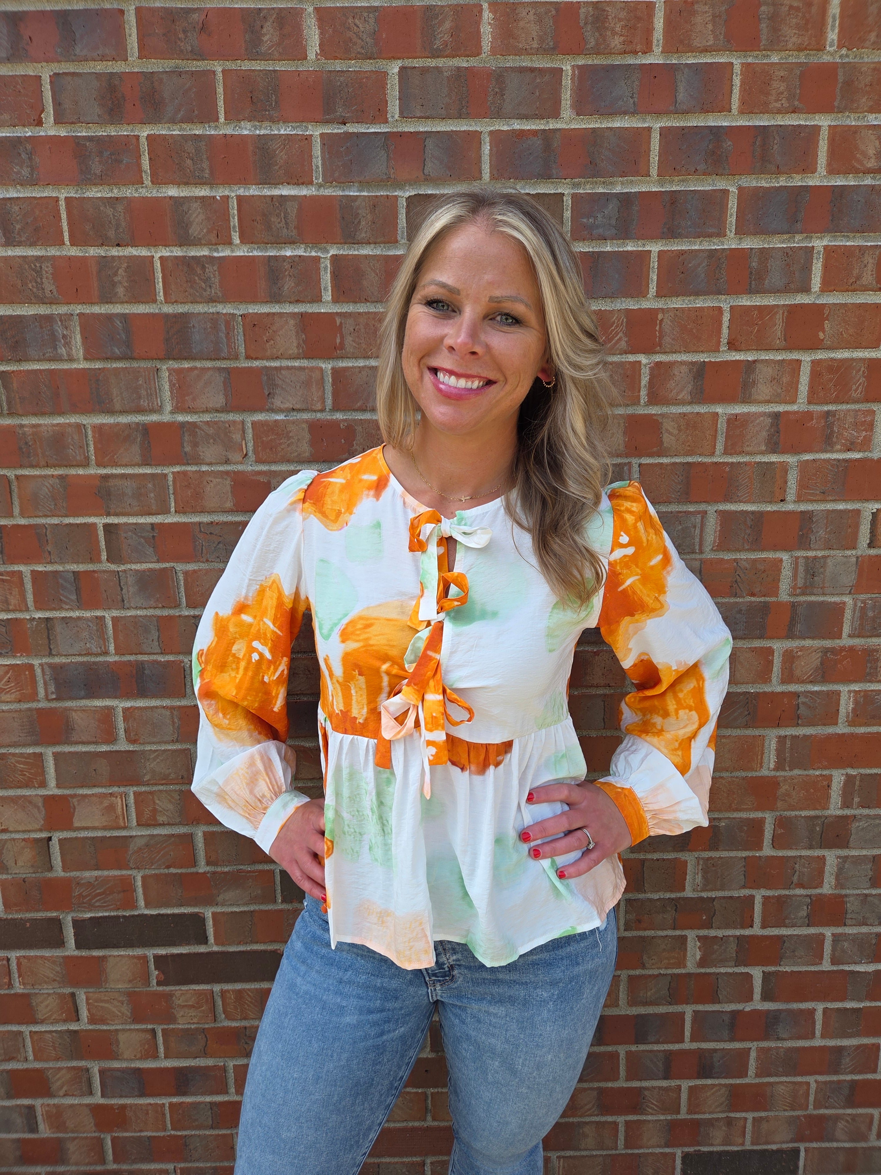 Bubble Sleeve Bow Front Top - Orange